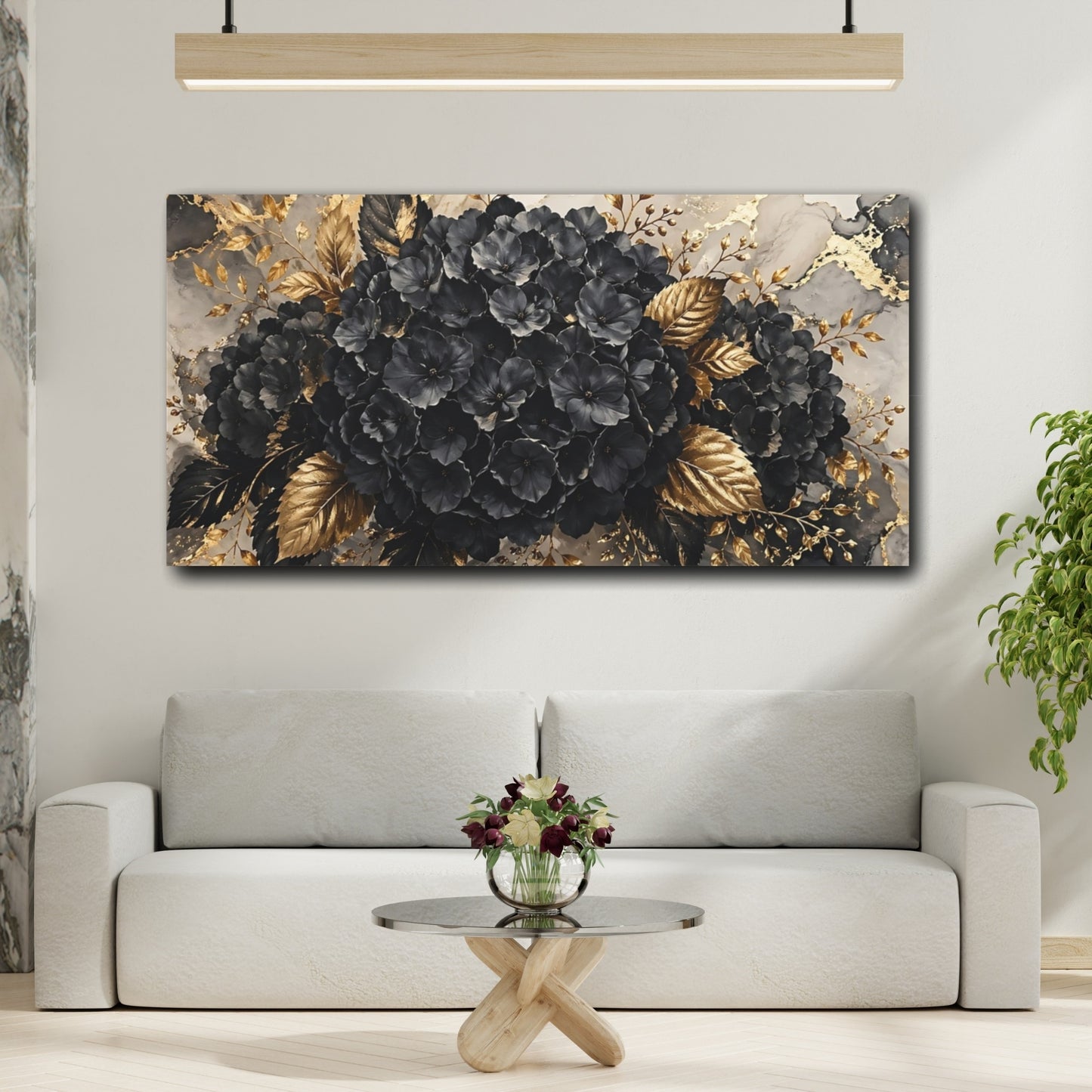 Mockup 3. Floral Black Hydrangeas Black Gold Floral shown as stretched canvas wall art