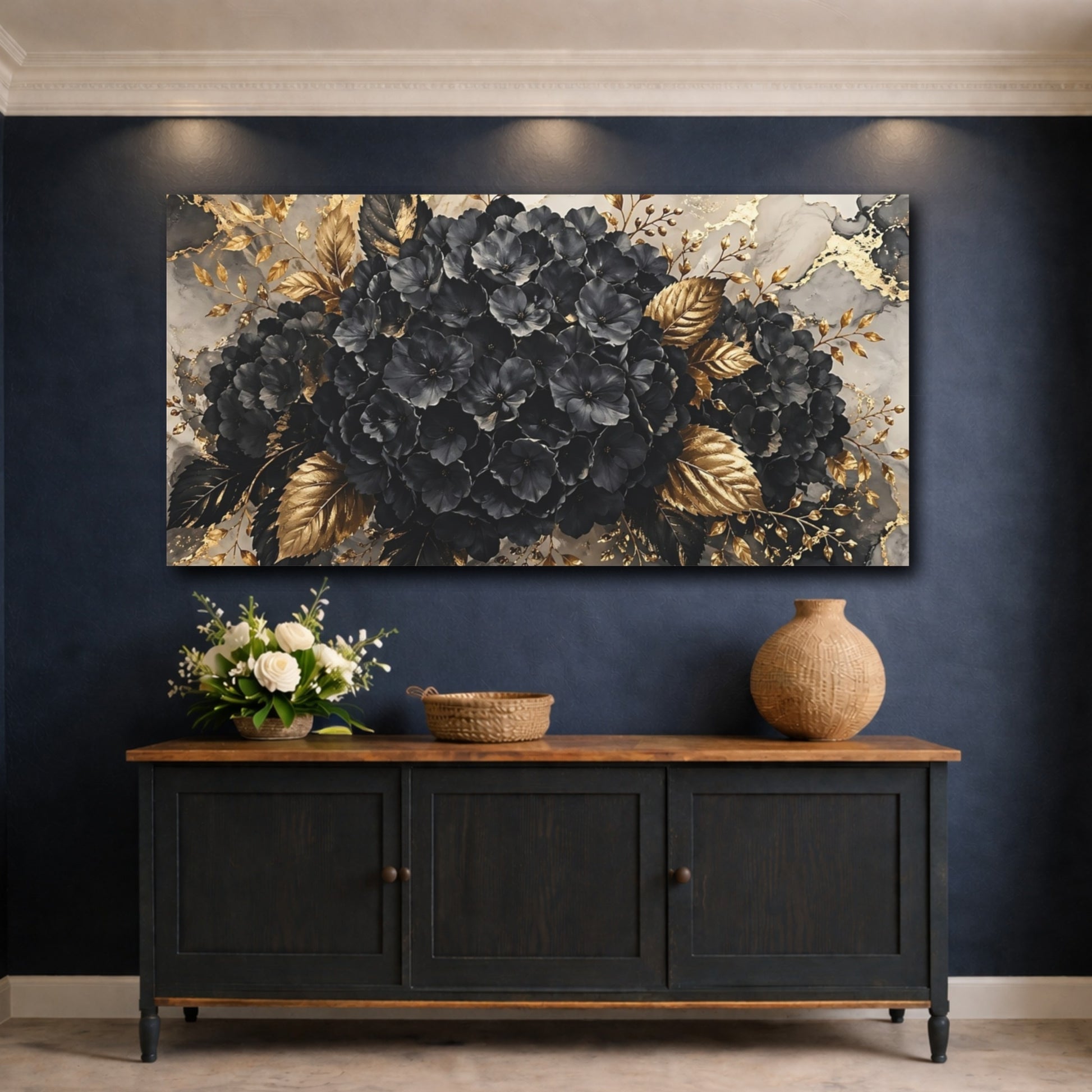 Mockup 4. Floral Black Hydrangeas Black Gold Floral shown as stretched canvas wall art