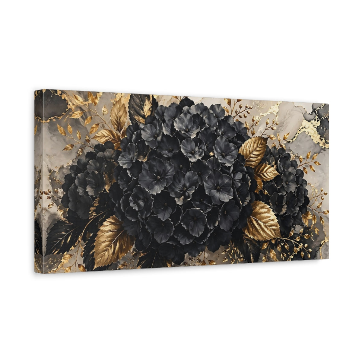 Side Mockup 3. Floral Black Hydrangeas Black Gold Floral shown as stretched canvas wall art
