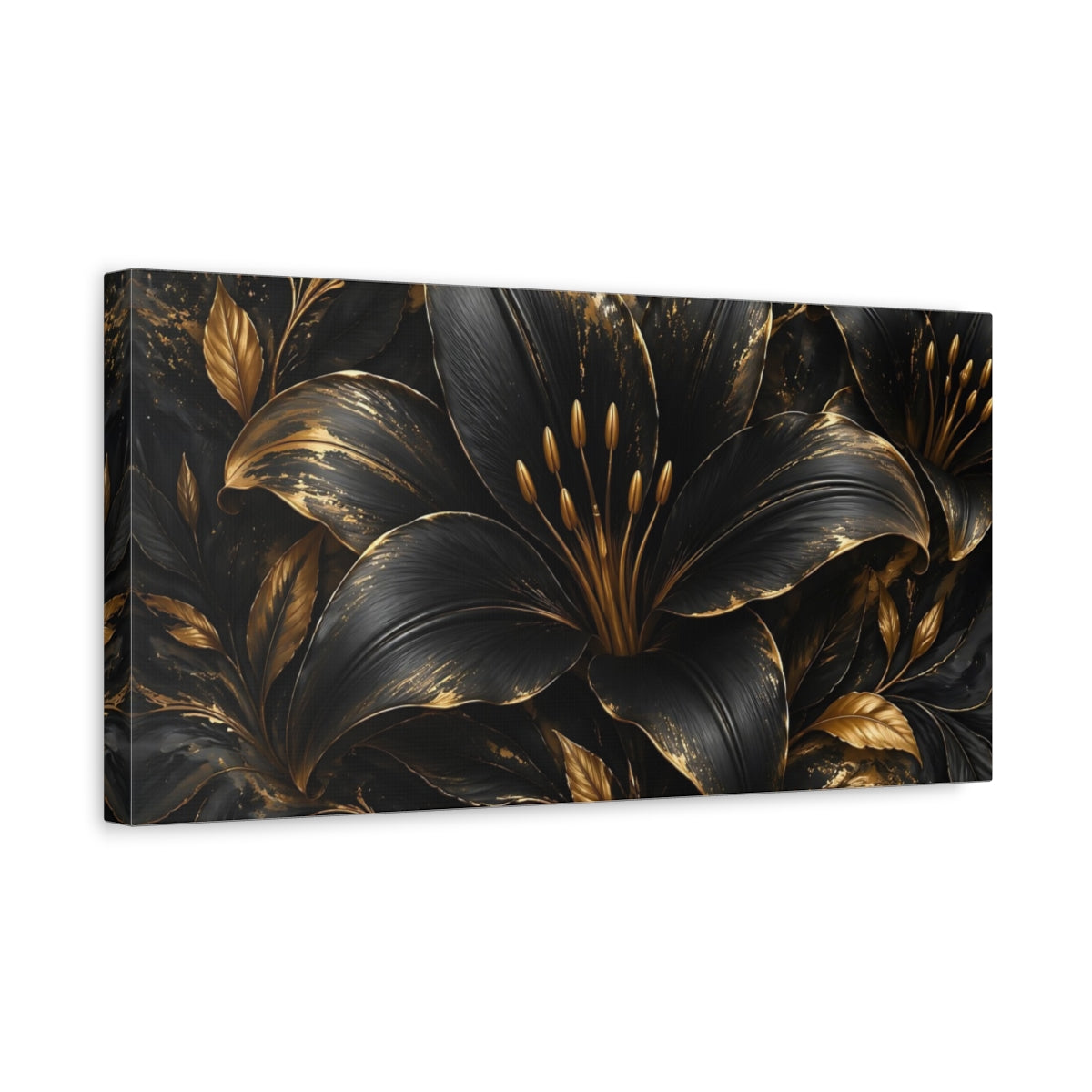 Side Mockup 3. Floral Black Lily Black And Gold shown as stretched canvas wall art