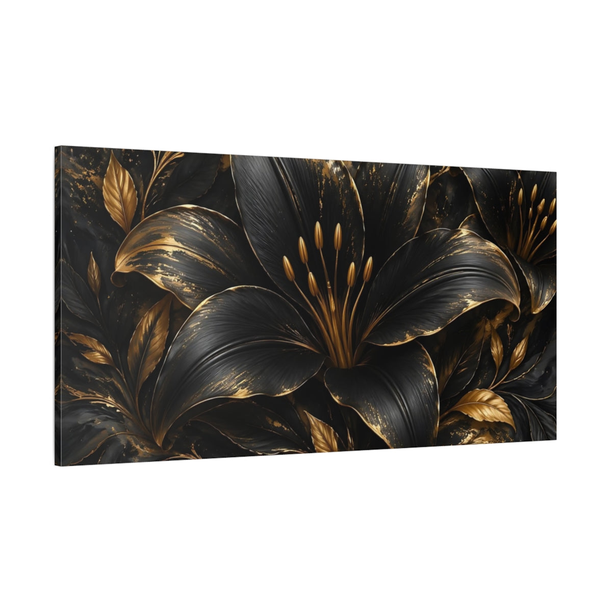 Side Mockup 2. Floral Black Lily Black And Gold shown as stretched canvas wall art