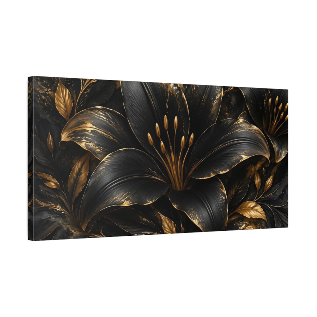 Side Mockup 1. Floral Black Lily Black And Gold shown as stretched canvas wall art