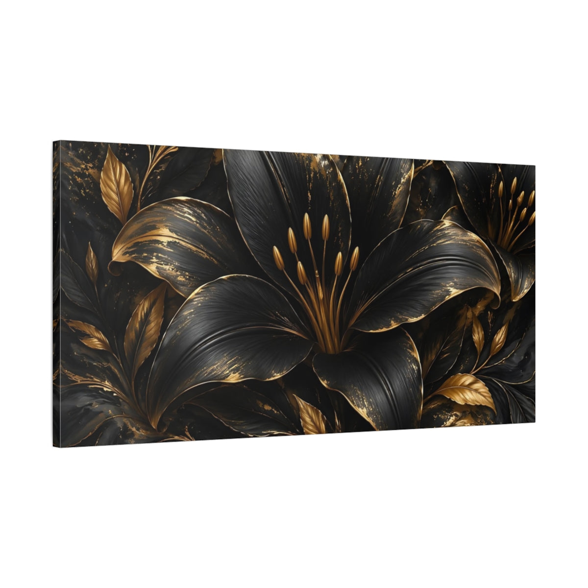 Main Mockup. Floral Black Lily Black And Gold shown as stretched canvas wall art