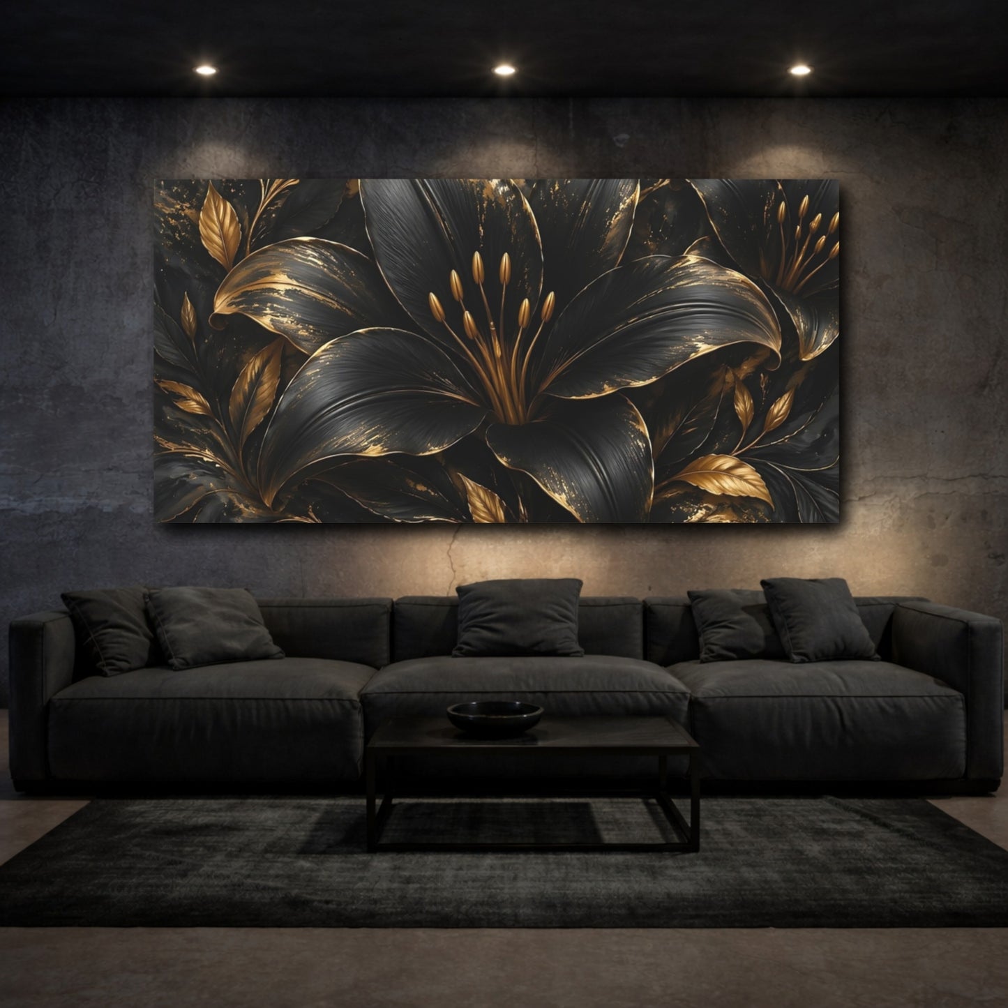 Mockup 2. Floral Black Lily Black And Gold shown as stretched canvas wall art