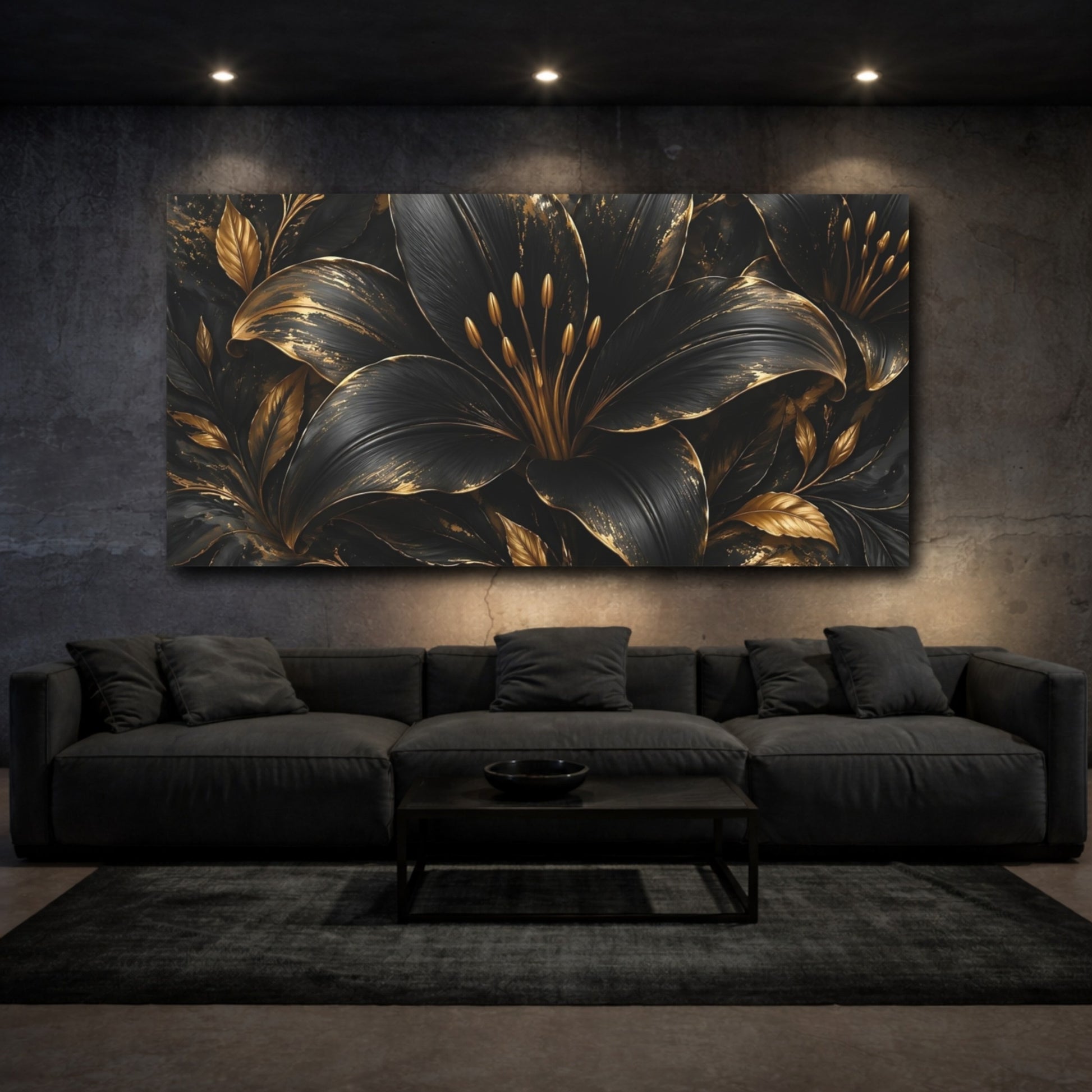 Mockup 2. Floral Black Lily Black And Gold shown as stretched canvas wall art