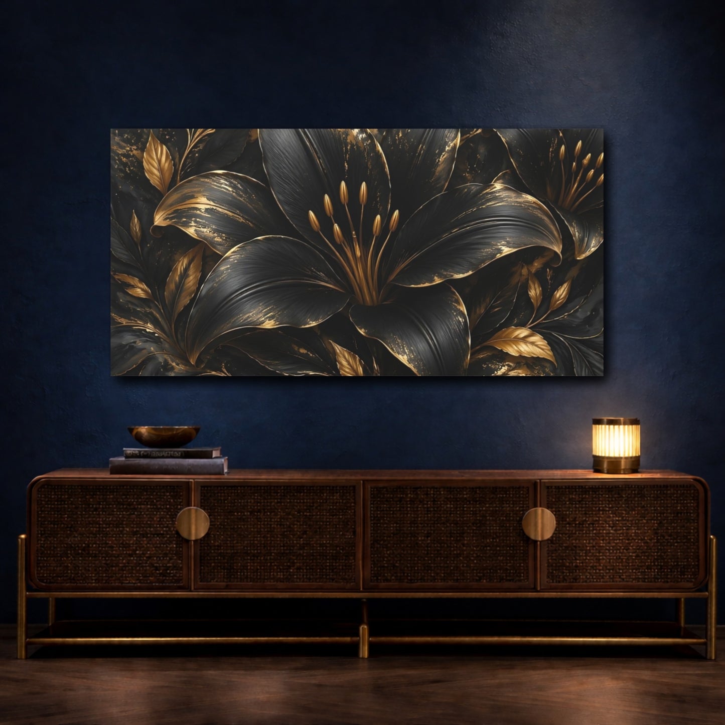 Mockup 3. Floral Black Lily Black And Gold shown as stretched canvas wall art