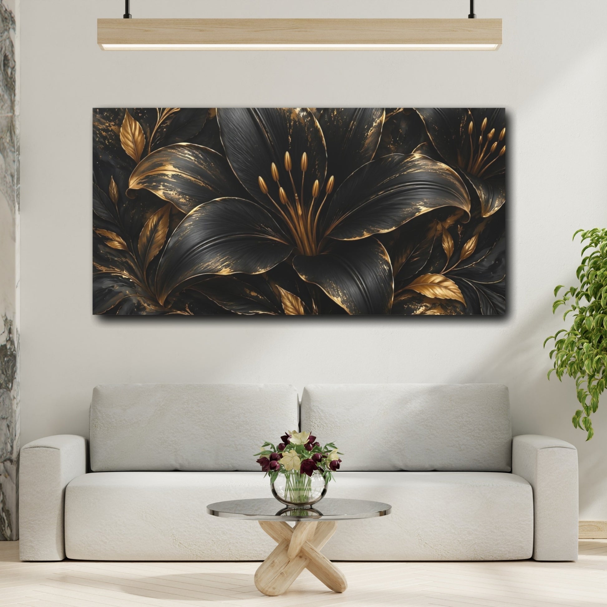 Mockup 4. Floral Black Lily Black And Gold shown as stretched canvas wall art
