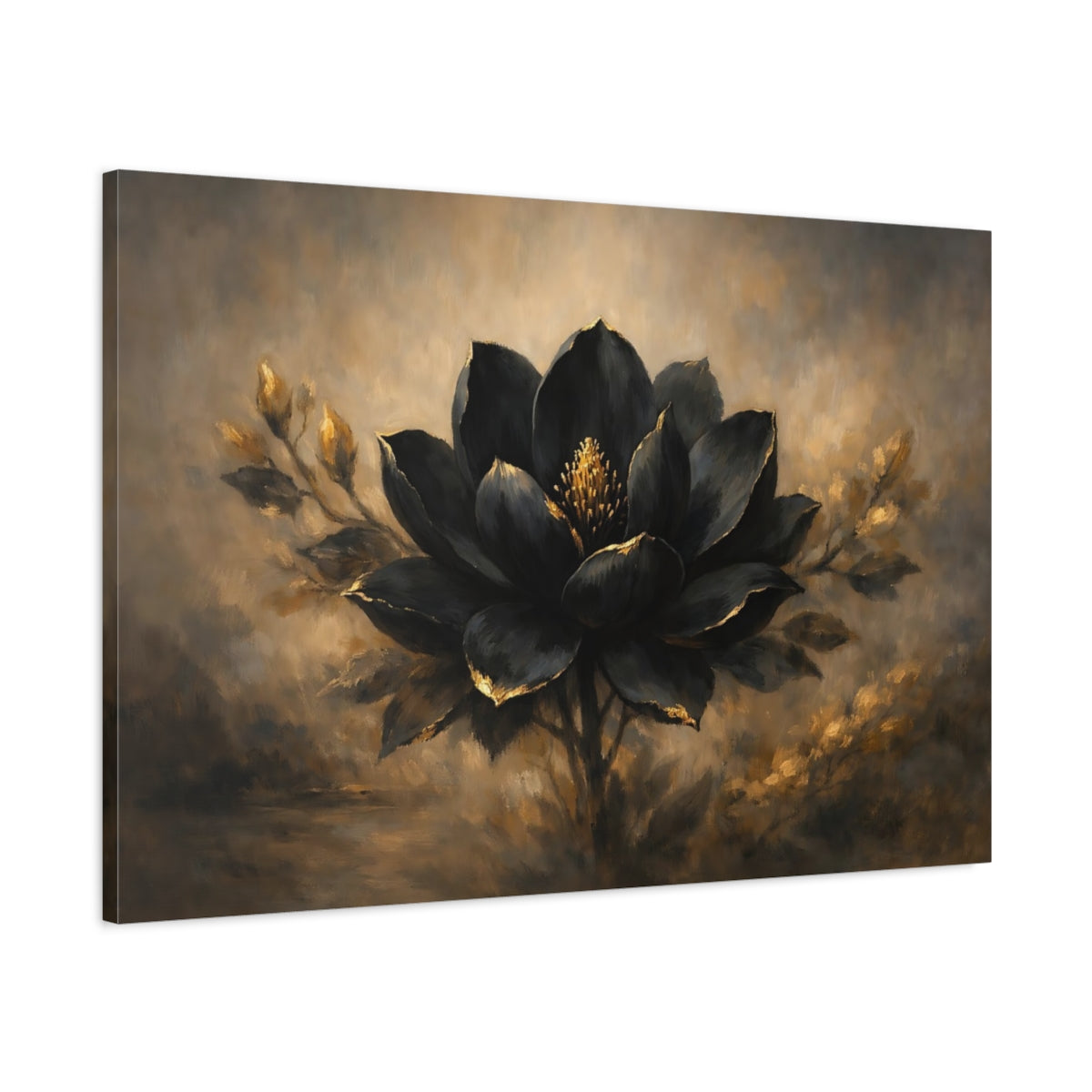 Side Mockup 1. Floral Black Lotus Black And Gold Flower shown as stretched canvas wall art