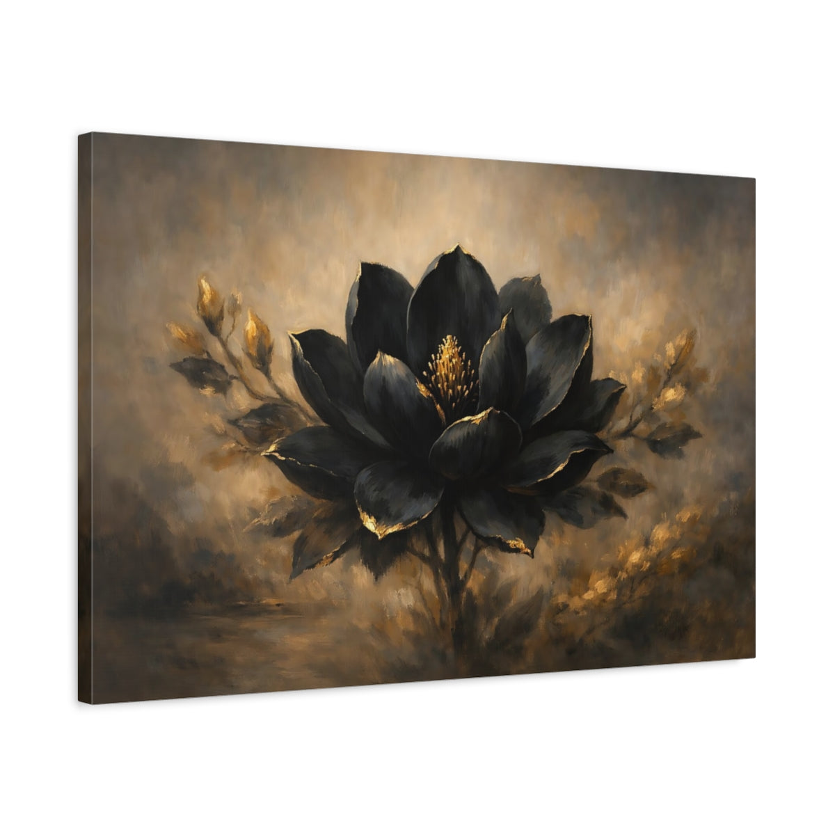 Side Mockup 2. Floral Black Lotus Black And Gold Flower shown as stretched canvas wall art
