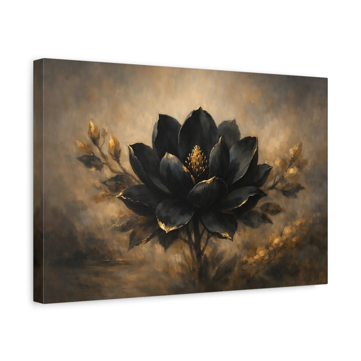 Side Mockup 4. Floral Black Lotus Black And Gold Flower shown as stretched canvas wall art