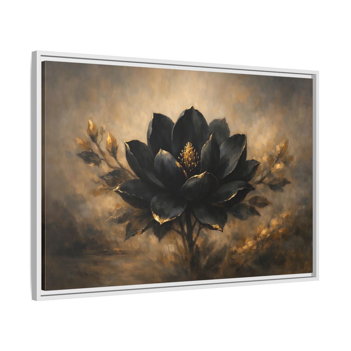 Side Mockup 8. Floral Black Lotus Black And Gold shown as stretched canvas wall art
