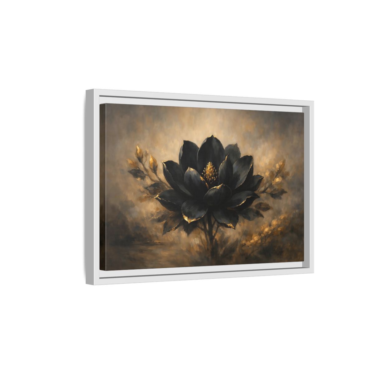 Side Mockup 4. Floral Black Lotus Black And Gold shown as stretched canvas wall art