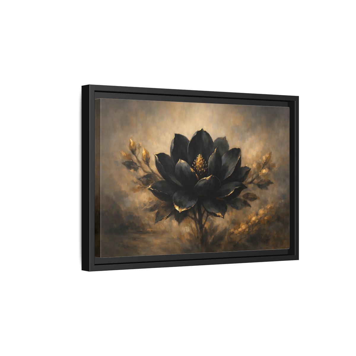 Side Mockup 6. Floral Black Lotus Black And Gold shown as stretched canvas wall art