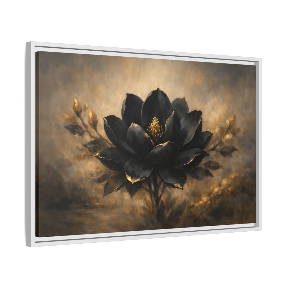 Side Mockup 10. Floral Black Lotus Black And Gold shown as stretched canvas wall art