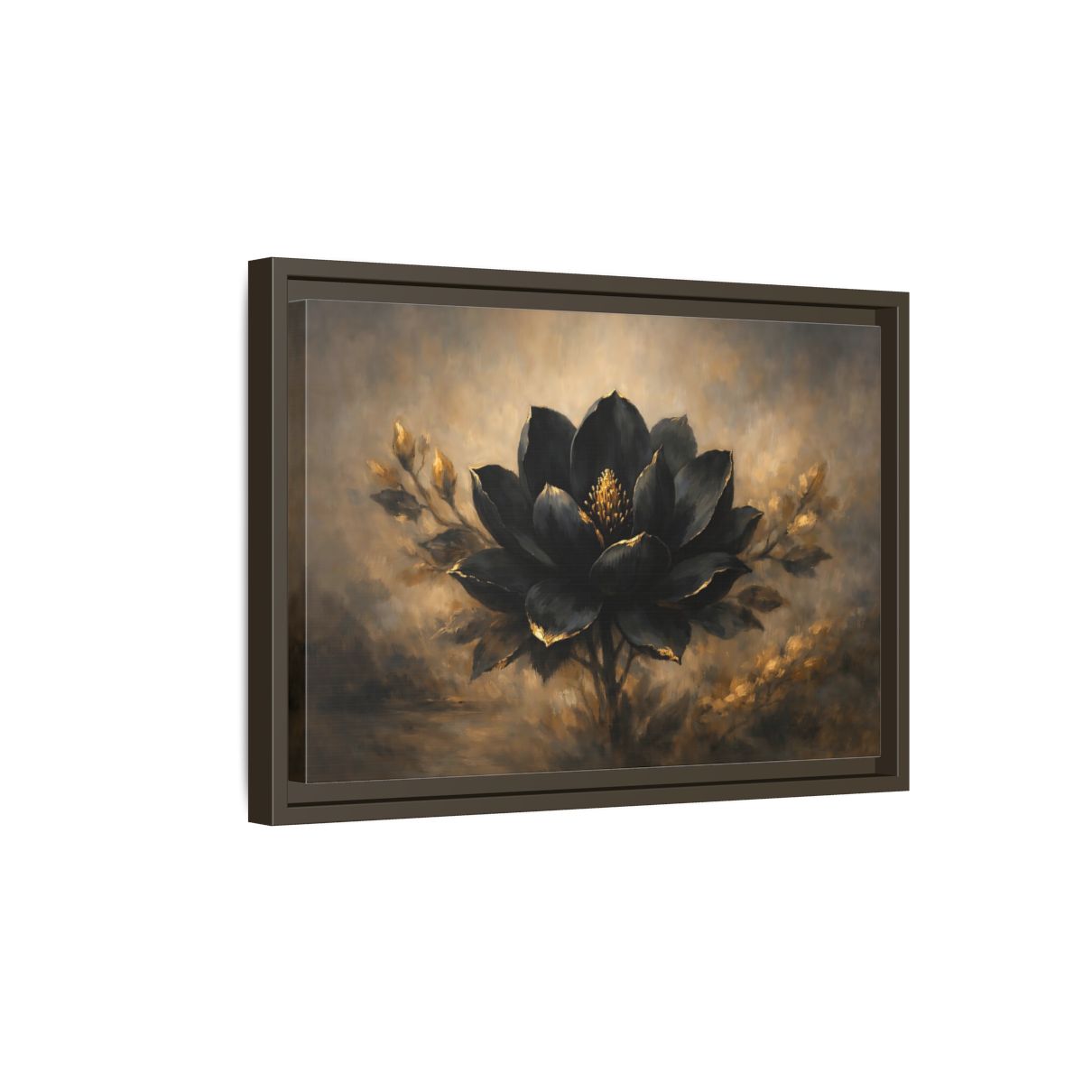 Side Mockup 5. Floral Black Lotus Black And Gold shown as stretched canvas wall art