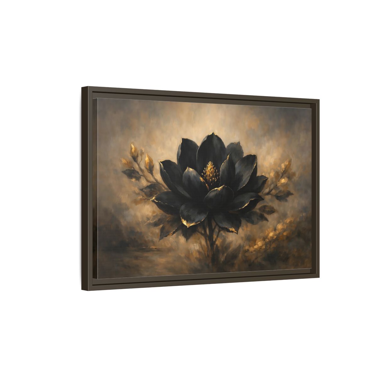 Side Mockup 2. Floral Black Lotus Black And Gold shown as stretched canvas wall art