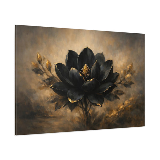 Main Mockup. Floral Black Lotus Black And Gold Flower shown as stretched canvas wall art
