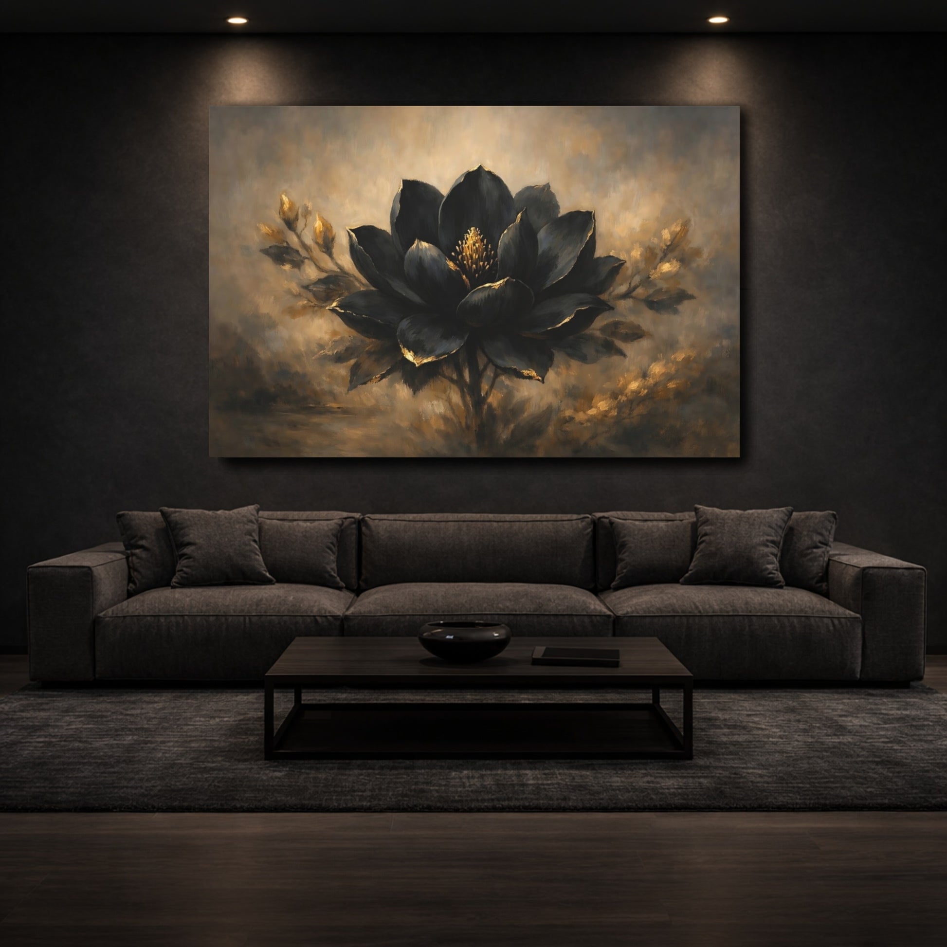 Mockup 2. Floral Black Lotus Black And Gold Flower shown as stretched canvas wall art