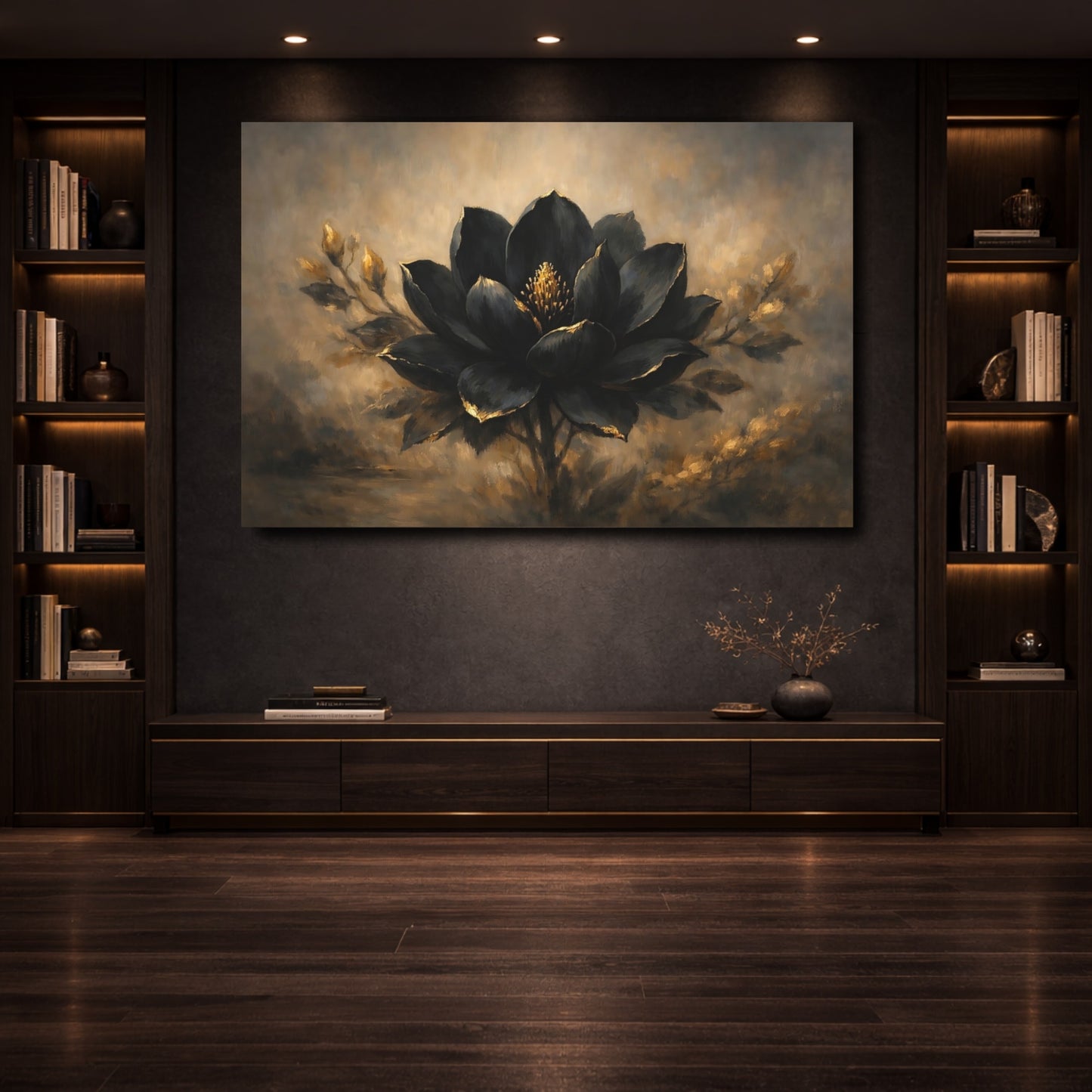 Mockup 3. Floral Black Lotus Black And Gold Flower shown as stretched canvas wall art