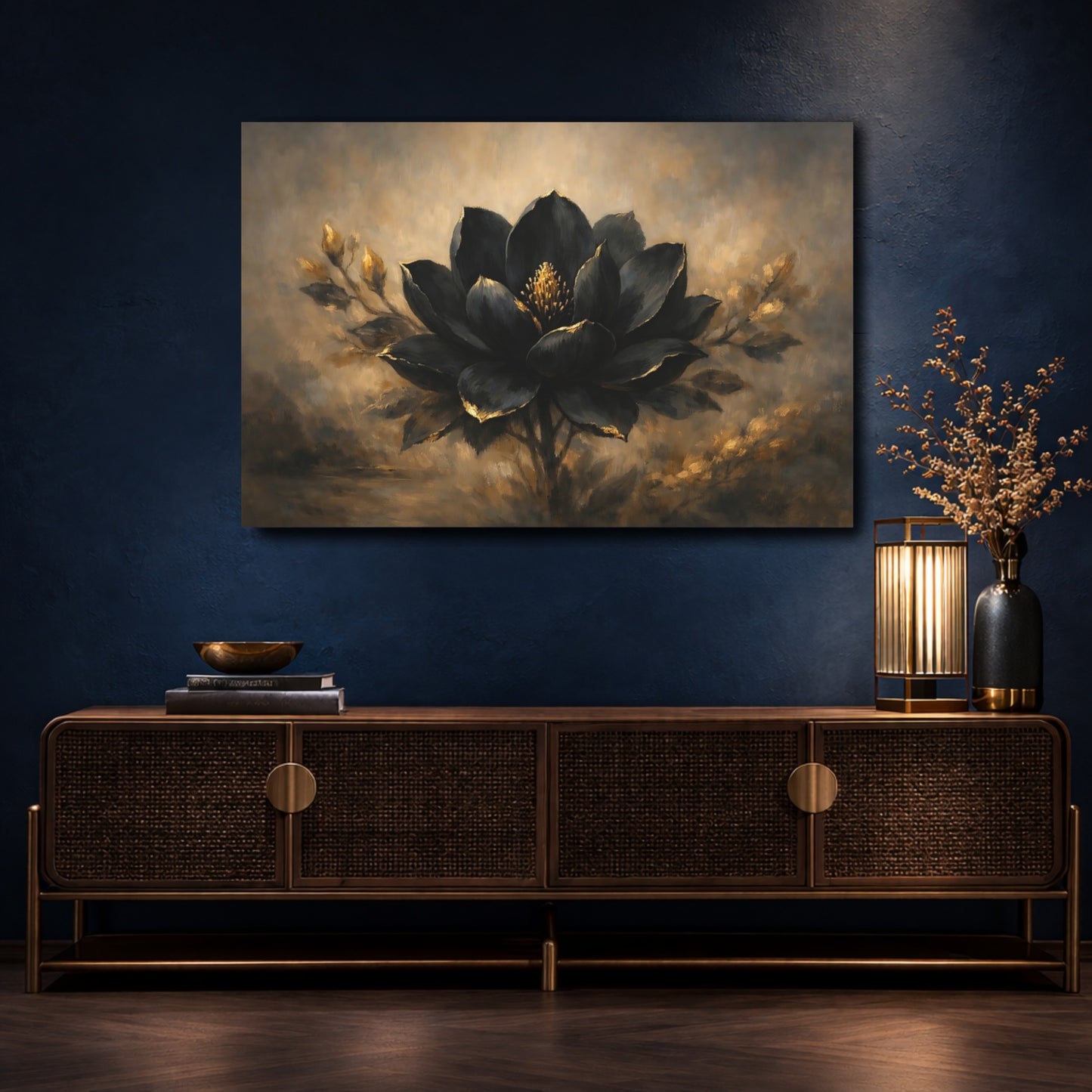 Mockup 4. Floral Black Lotus Black And Gold Flower shown as stretched canvas wall art