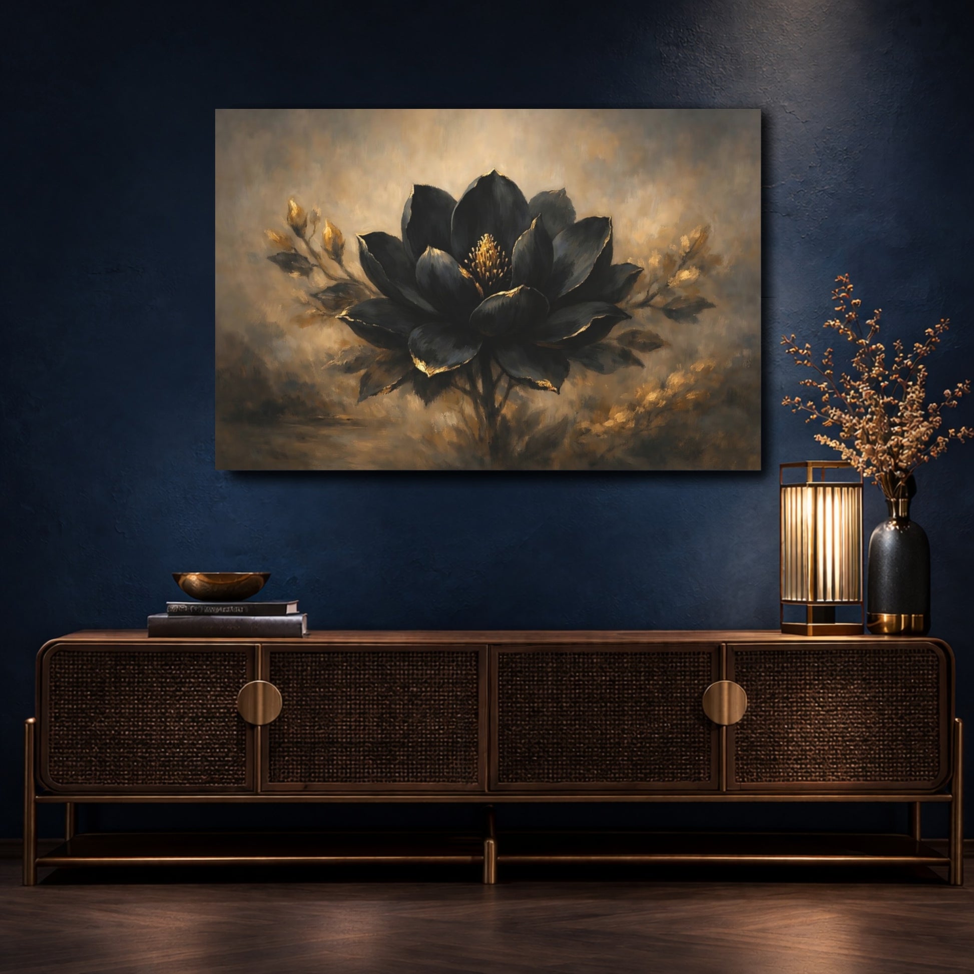 Mockup 4. Floral Black Lotus Black And Gold Flower shown as stretched canvas wall art