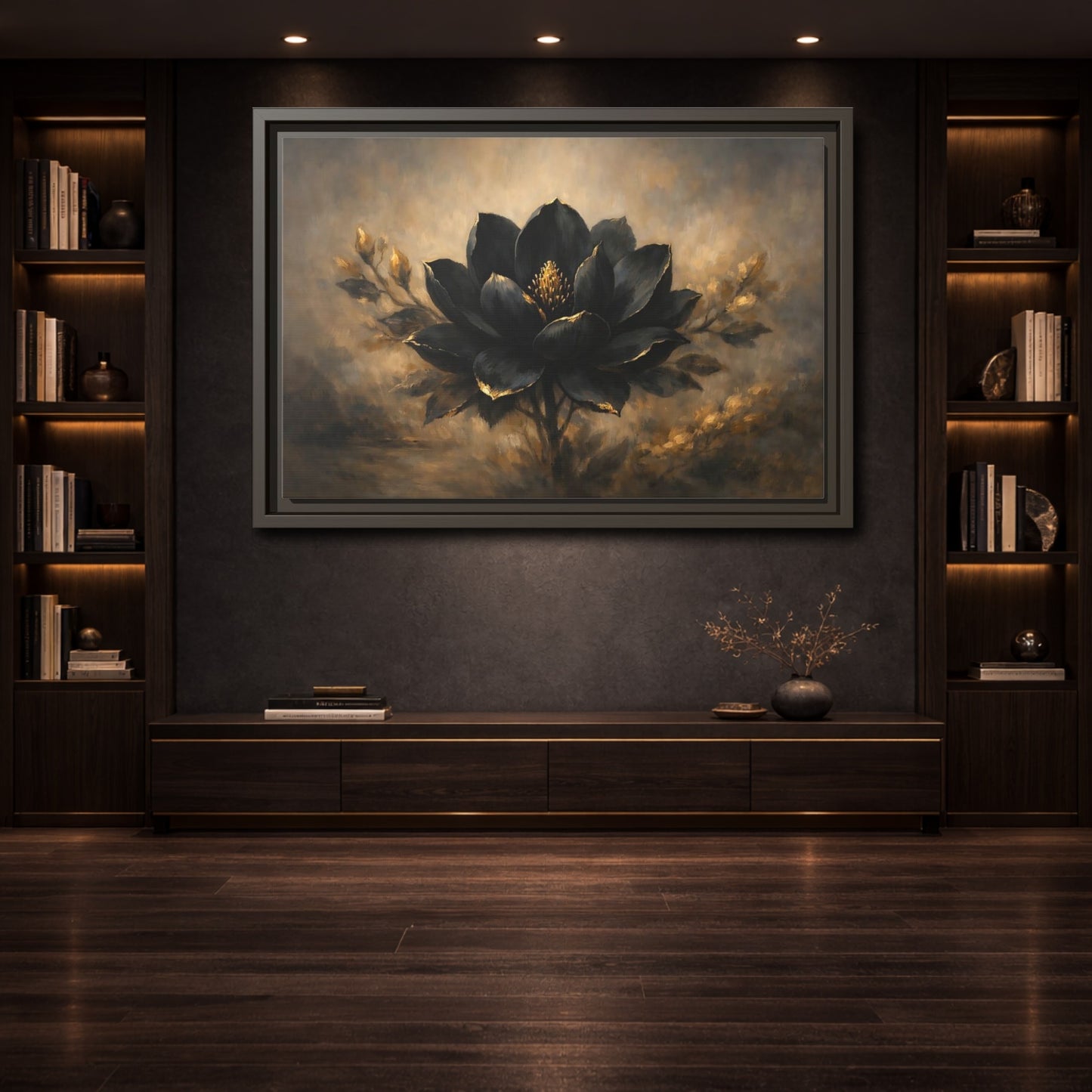 Mockup 3. Floral Black Lotus Black And Gold shown as stretched canvas wall art