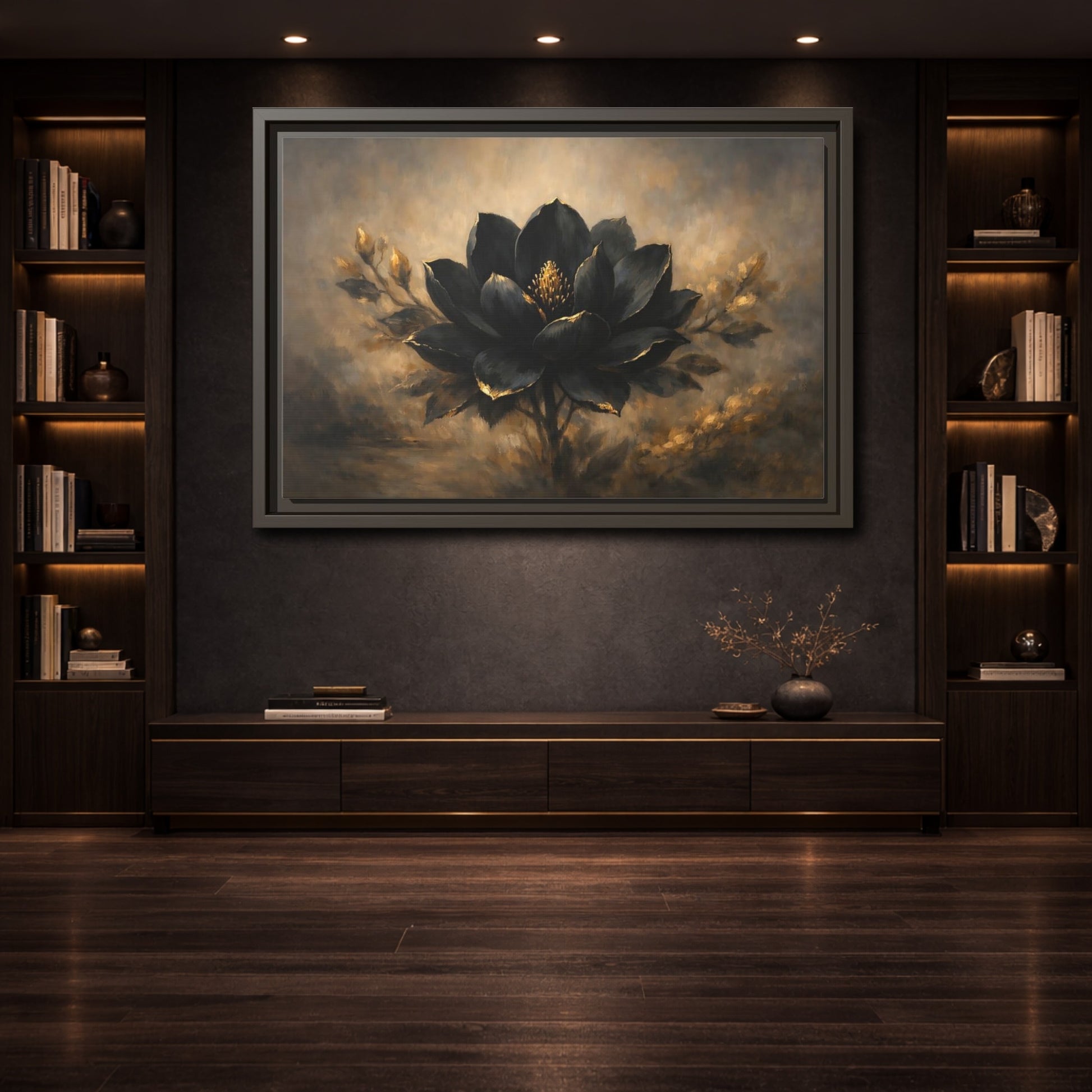 Mockup 3. Floral Black Lotus Black And Gold shown as stretched canvas wall art