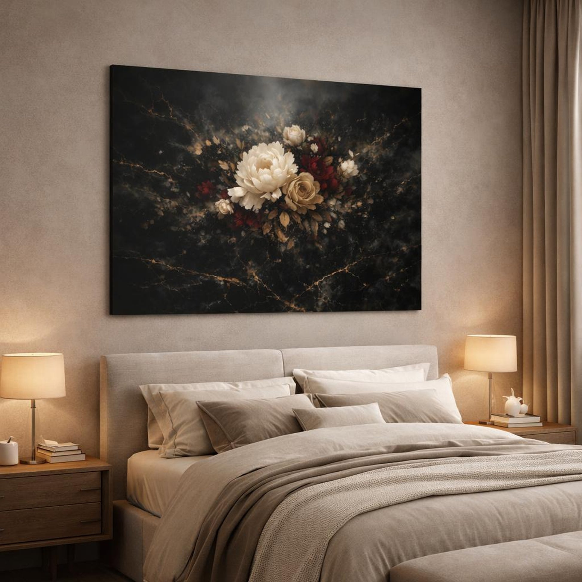 Floral Black Marble shown as canvas wall art in a luxury bedroom