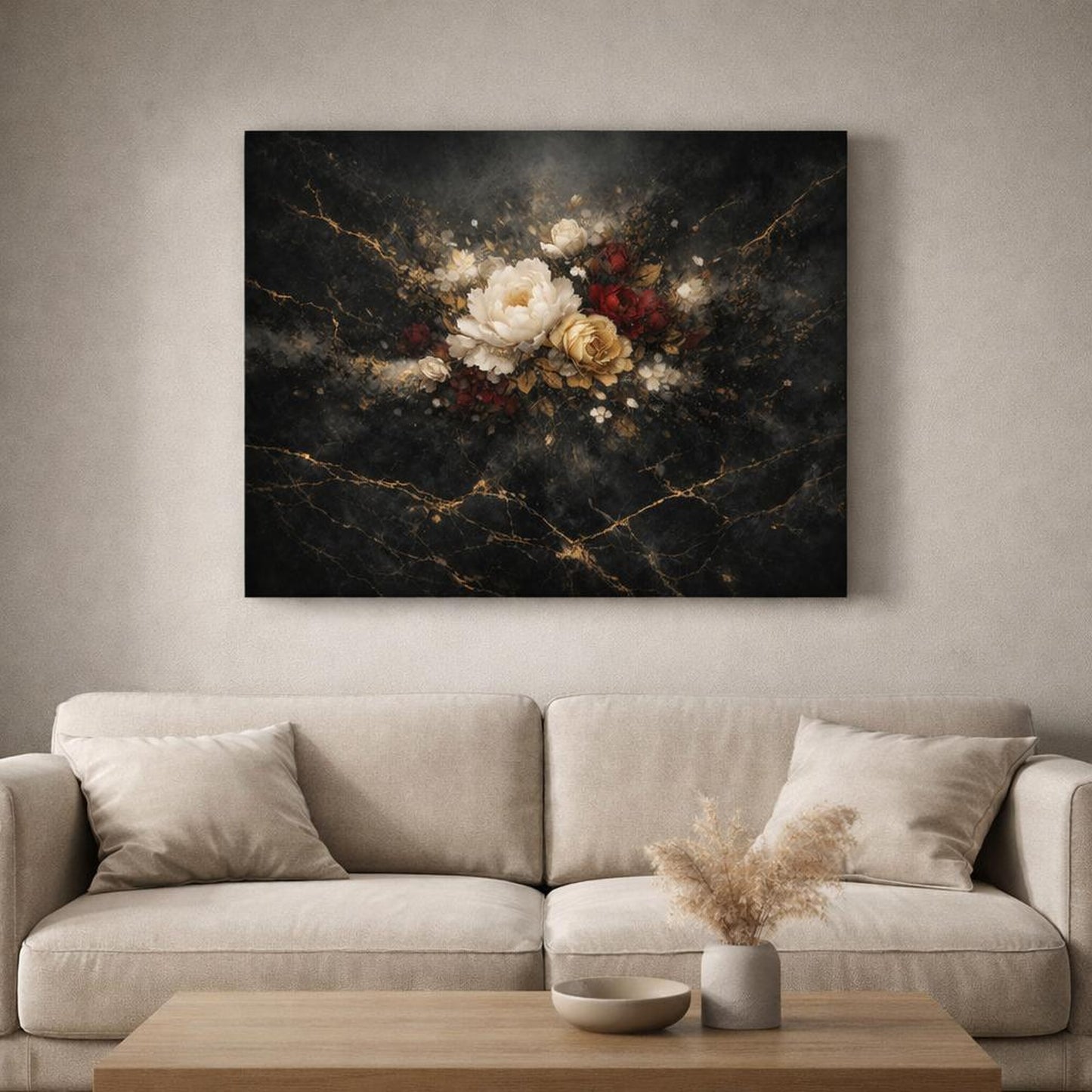 Floral Black Marble shown as canvas wall art in a luxury executive office