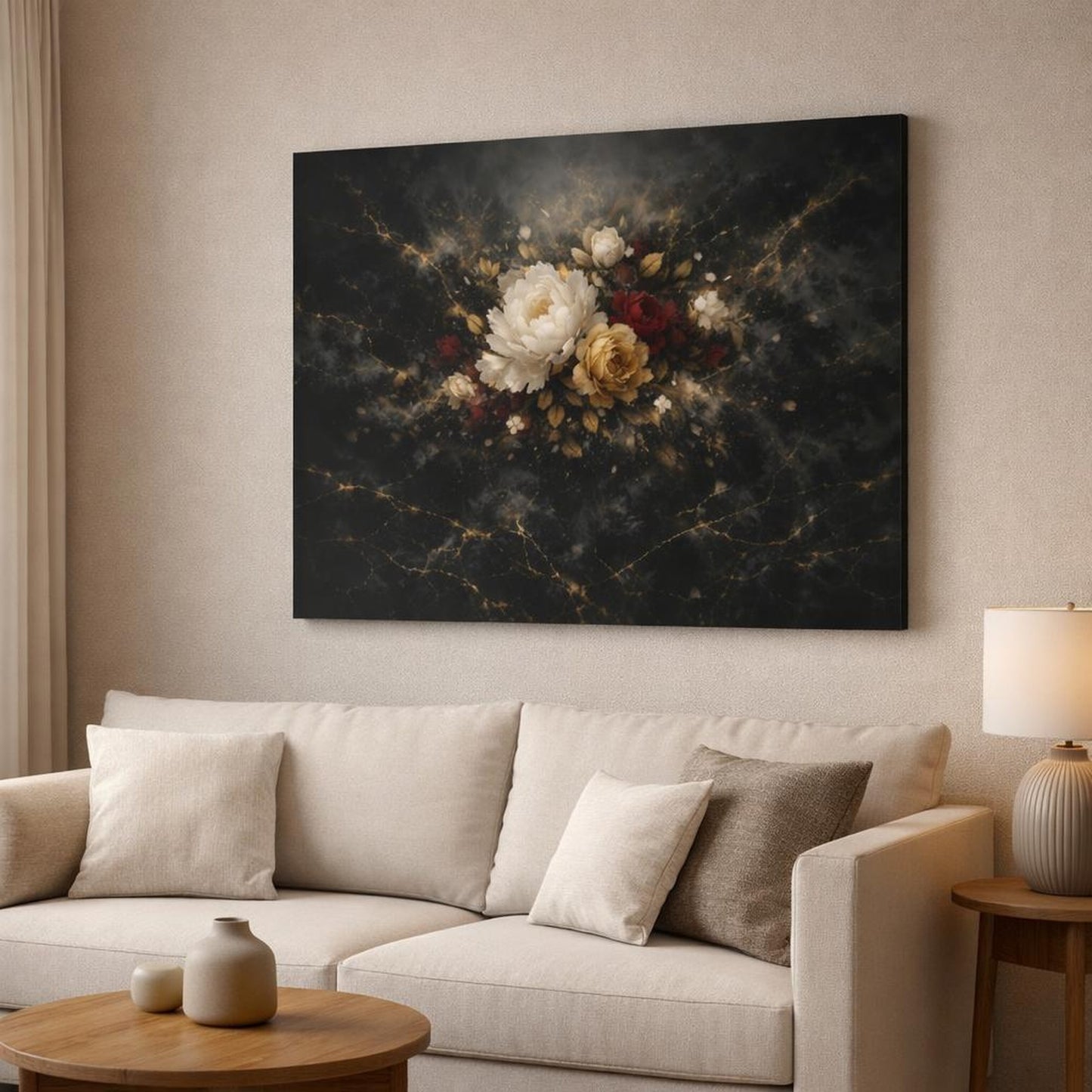 Floral Black Marble shown as canvas wall art in a modern living room