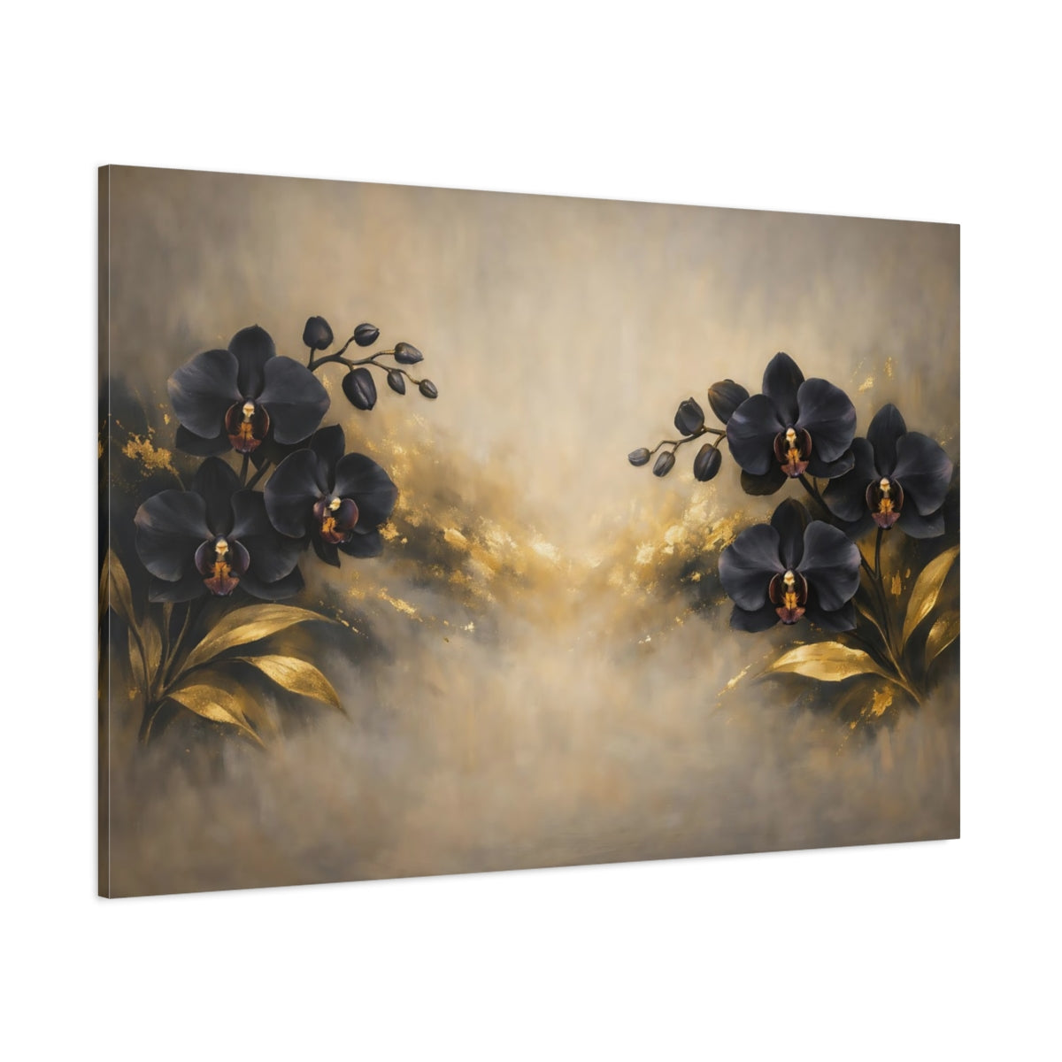 Main Mockup. Floral Black Orchids Black Gold Floral shown as stretched canvas wall art