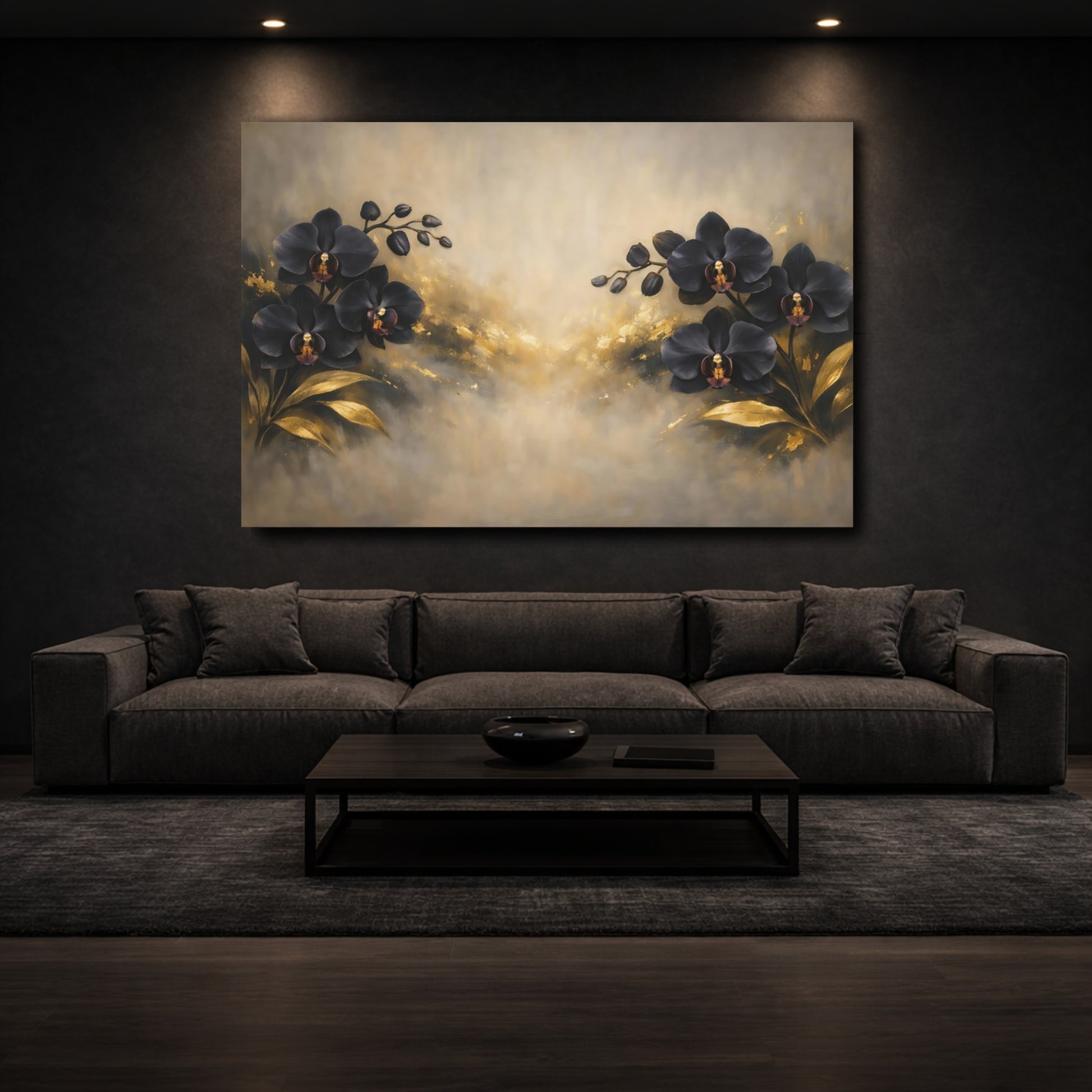 Mockup 2. Floral Black Orchids Black Gold Floral shown as stretched canvas wall art