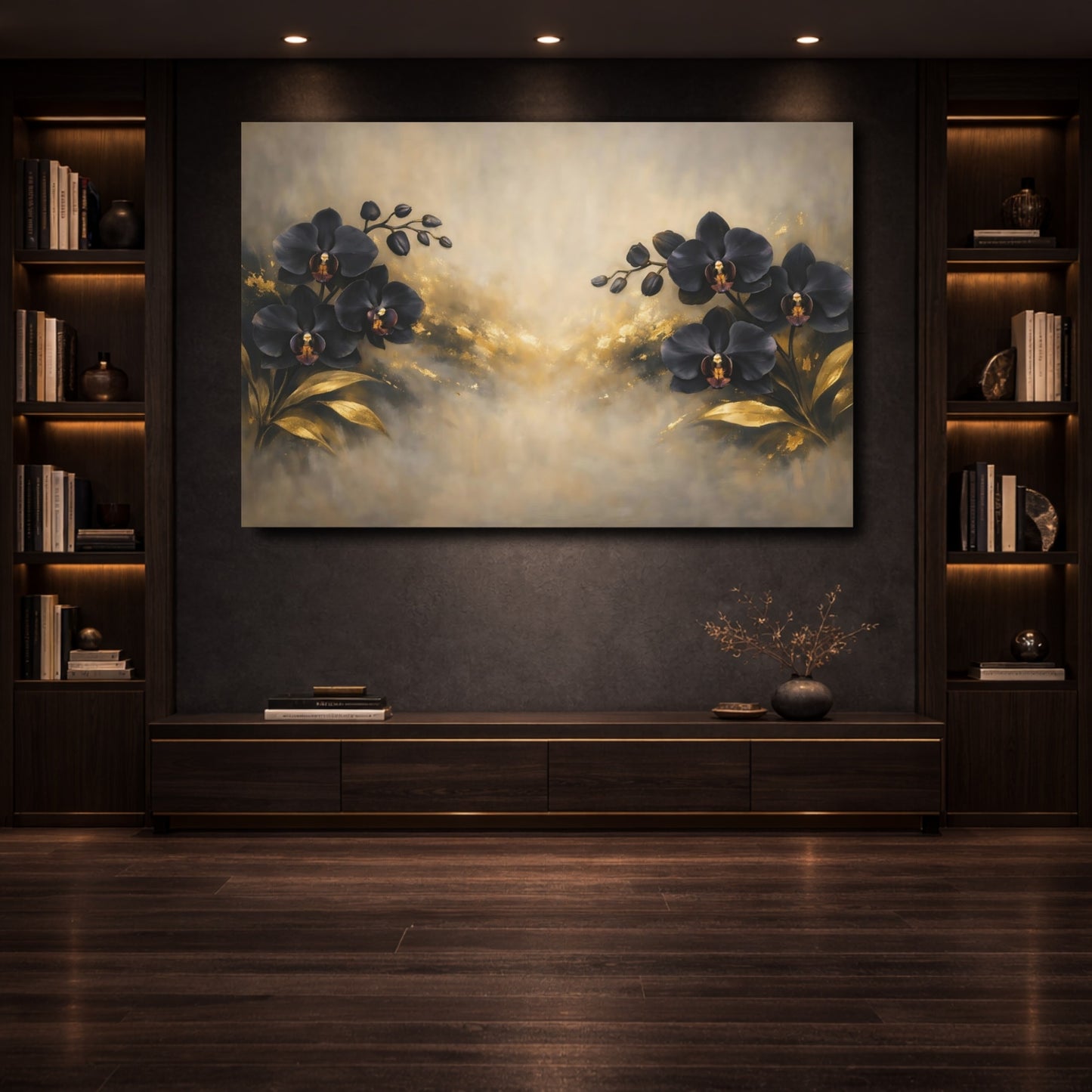 Mockup 3. Floral Black Orchids Black Gold Floral shown as stretched canvas wall art