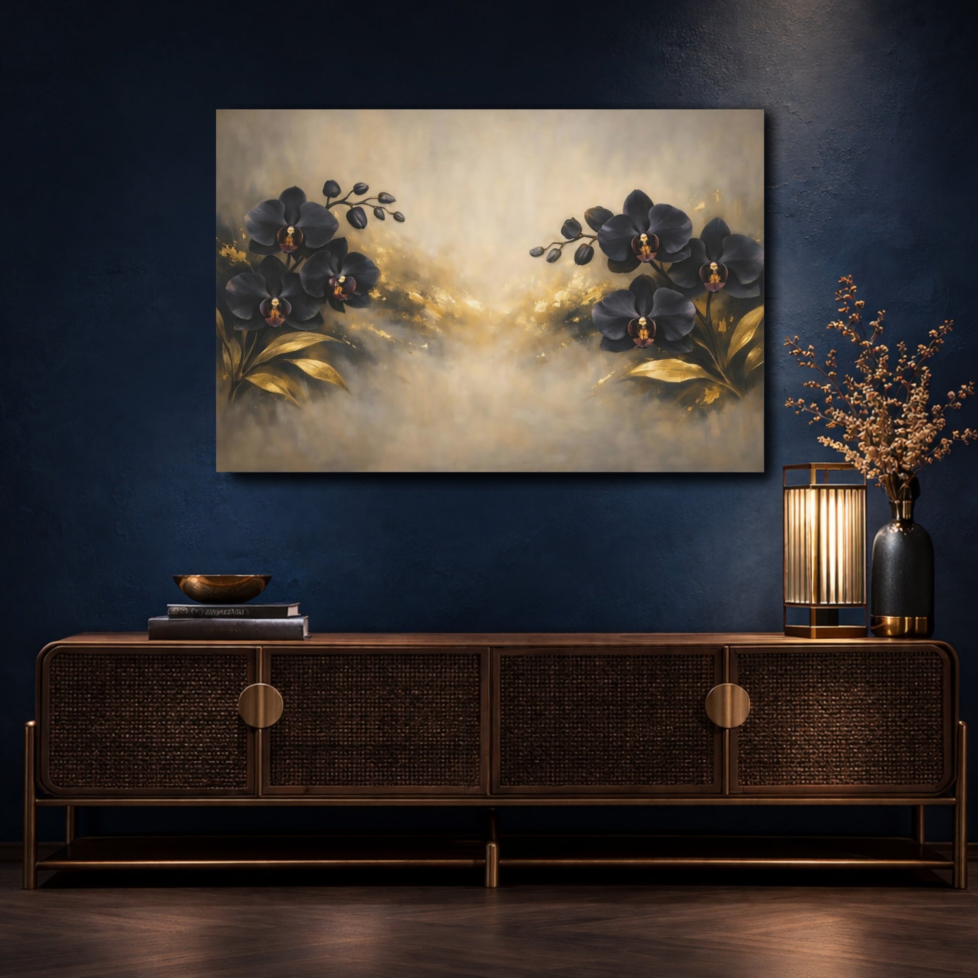 Mockup 4. Floral Black Orchids Black Gold Floral shown as stretched canvas wall art
