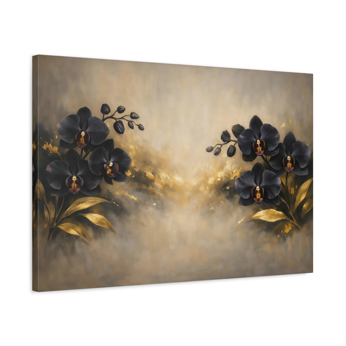 Side Mockup 2. Floral Black Orchids Black Gold Floral shown as stretched canvas wall art