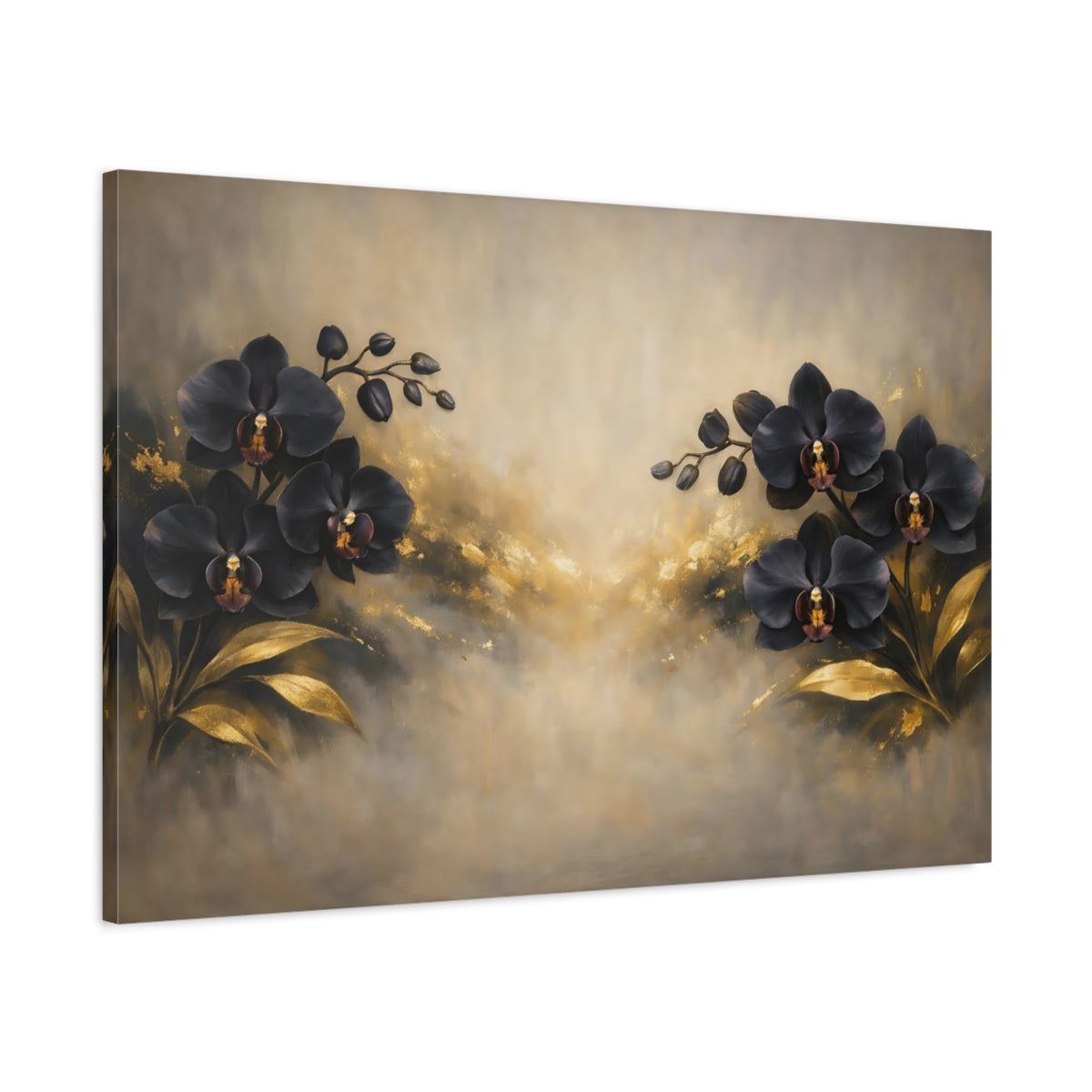 Side Mockup 1. Floral Black Orchids Black Gold Floral shown as stretched canvas wall art