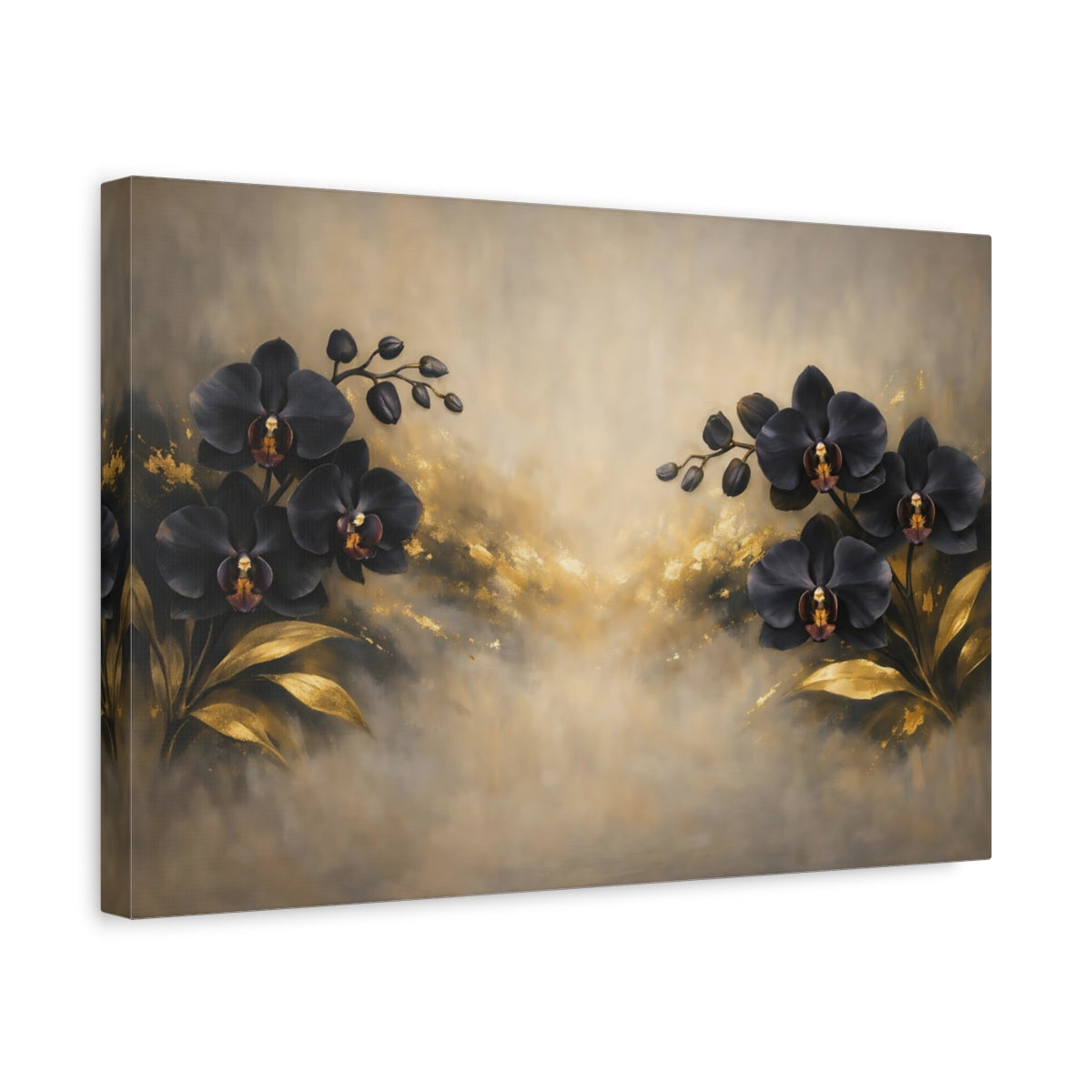 Side Mockup 4. Floral Black Orchids Black Gold Floral shown as stretched canvas wall art