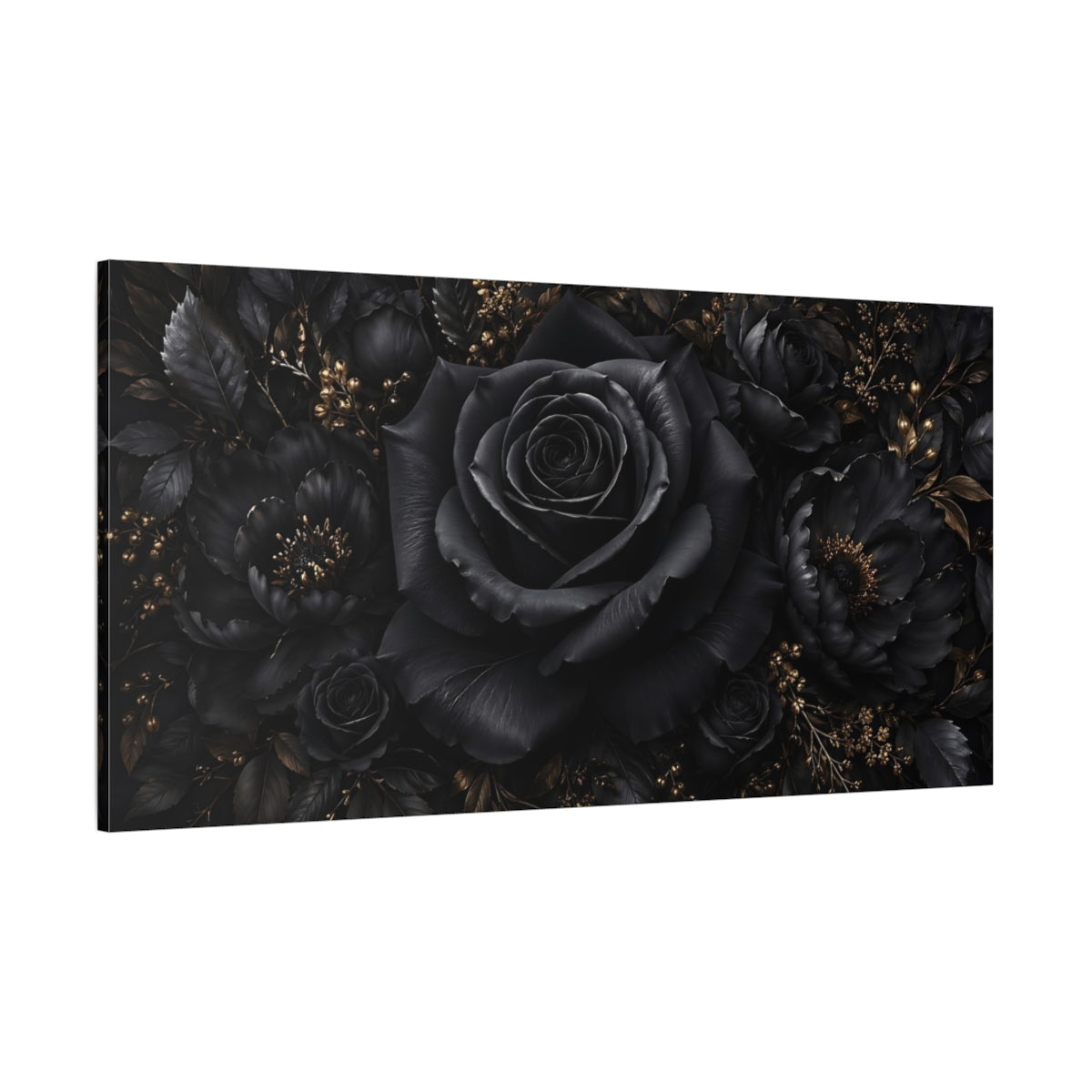 Side Mockup 2. Floral Black Rose Black And Gold Floral shown as stretched canvas wall art