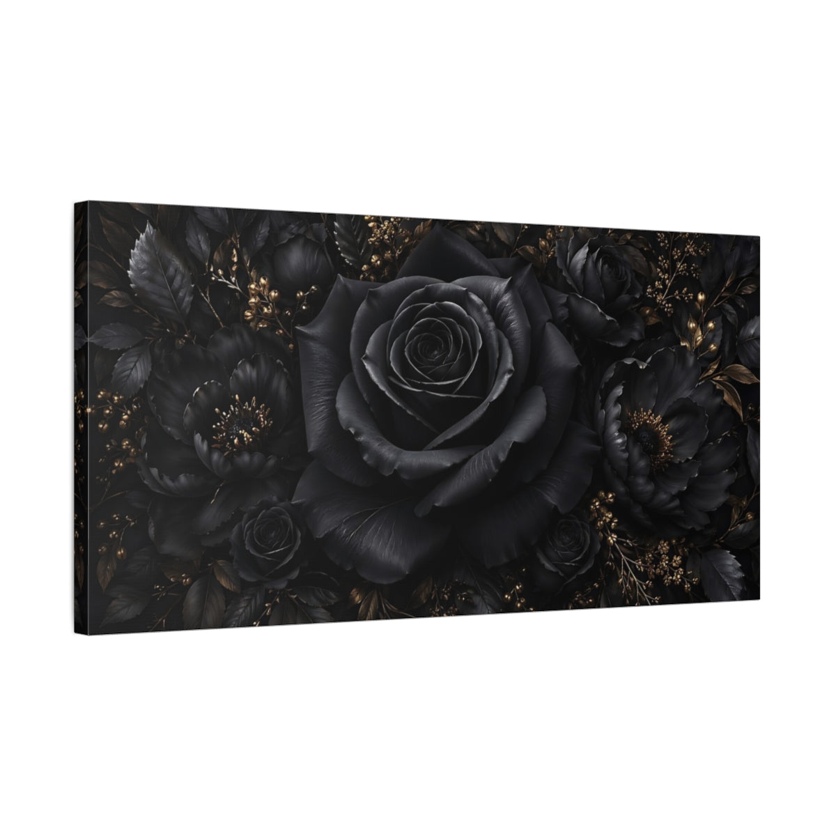 Side Mockup 1. Floral Black Rose Black And Gold Floral shown as stretched canvas wall art