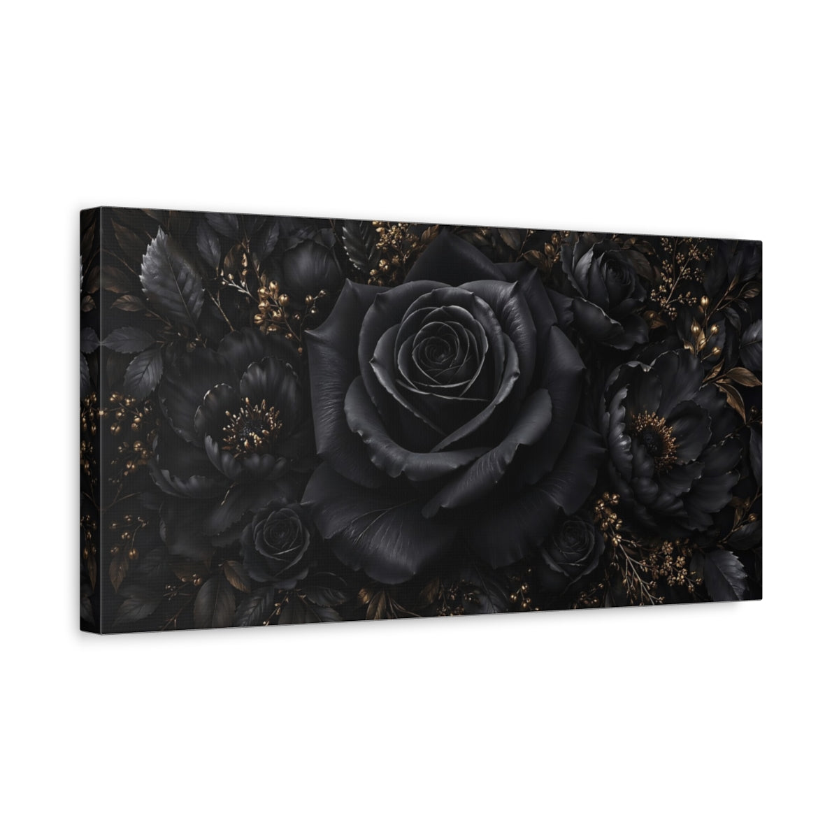 Side Mockup 3. Floral Black Rose Black And Gold Floral shown as stretched canvas wall art
