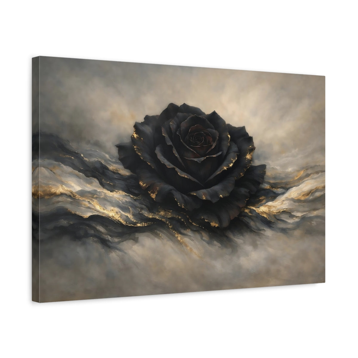 Side Mockup 3. Floral Black Rose Black And Gold shown as stretched canvas wall art