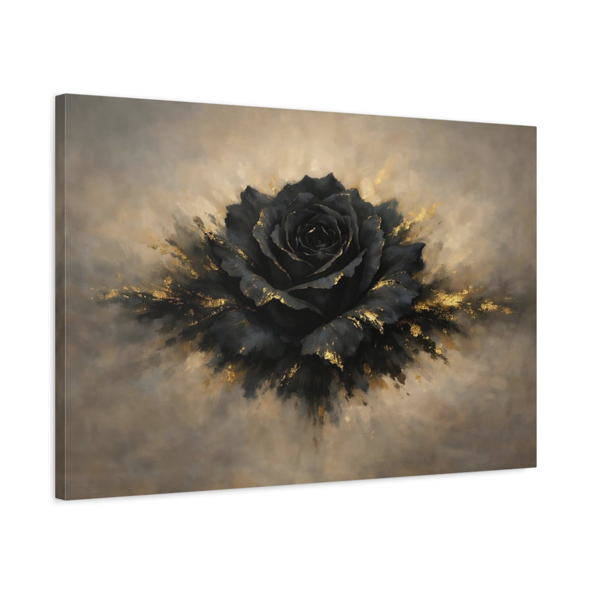 Side Mockup 2. Floral Black Rose Black And Gold shown as stretched canvas wall art