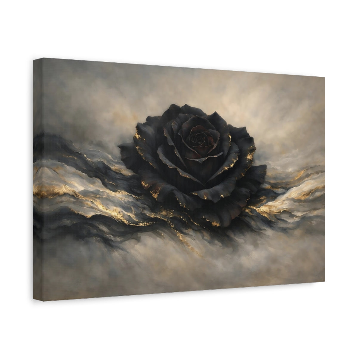 Side Mockup 4. Floral Black Rose Black And Gold shown as stretched canvas wall art