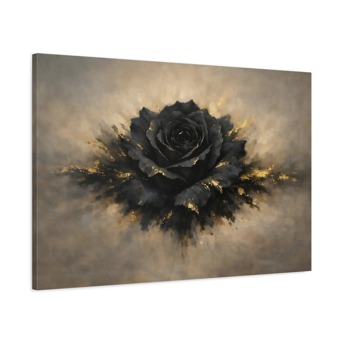 Side Mockup 1. Floral Black Rose Black And Gold shown as stretched canvas wall art