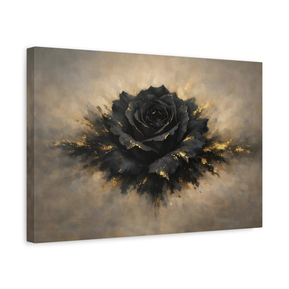 Side Mockup 4. Floral Black Rose Black And Gold shown as stretched canvas wall art