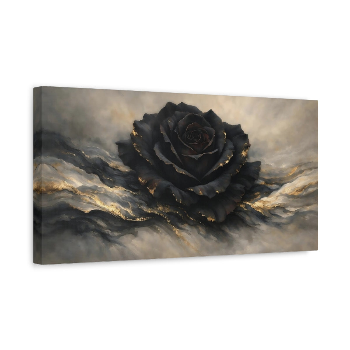 Side Mockup 3. Floral Black Rose Black And Gold Rose shown as stretched canvas wall art