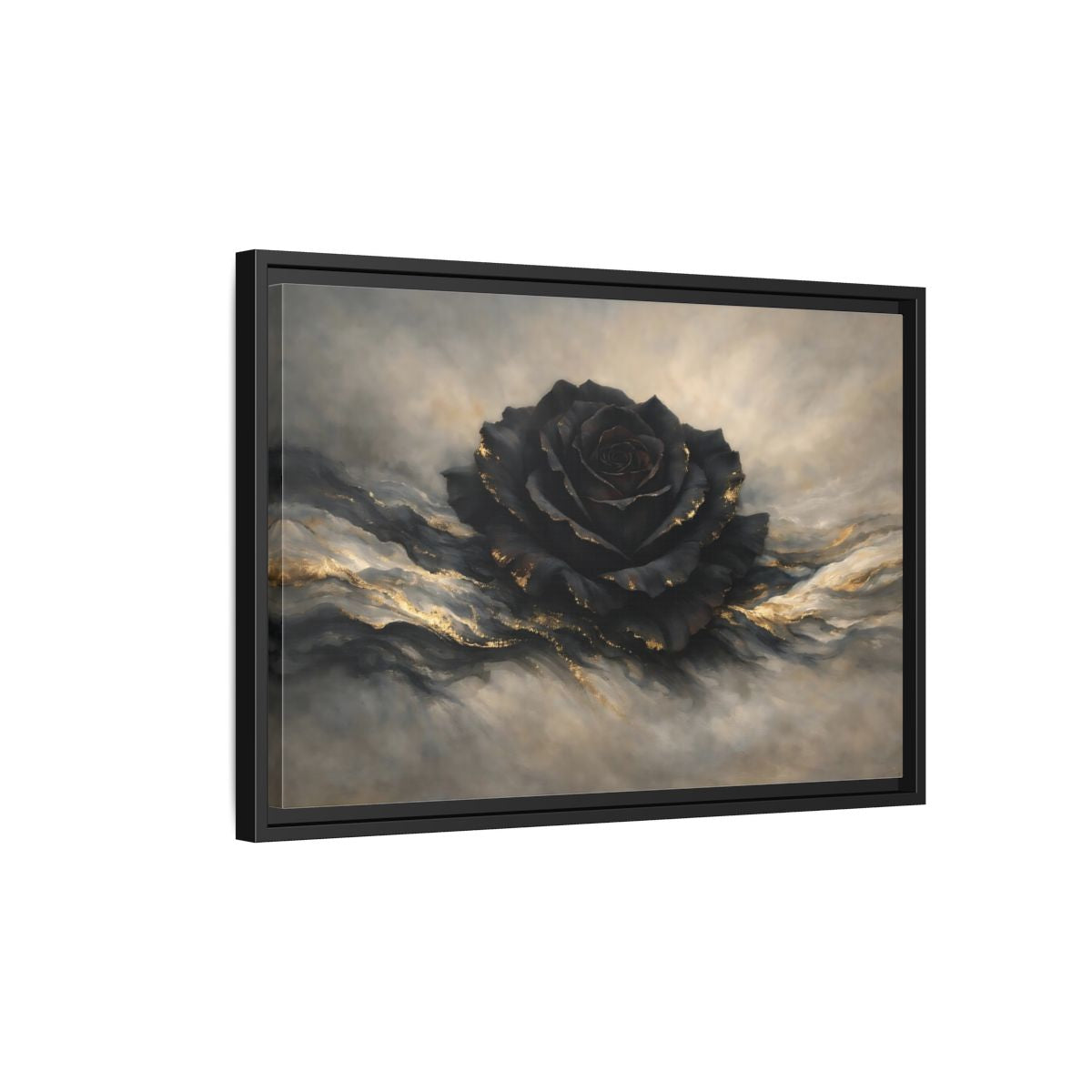 Side Mockup 3. Floral Black Rose Black And Gold shown as stretched canvas wall art