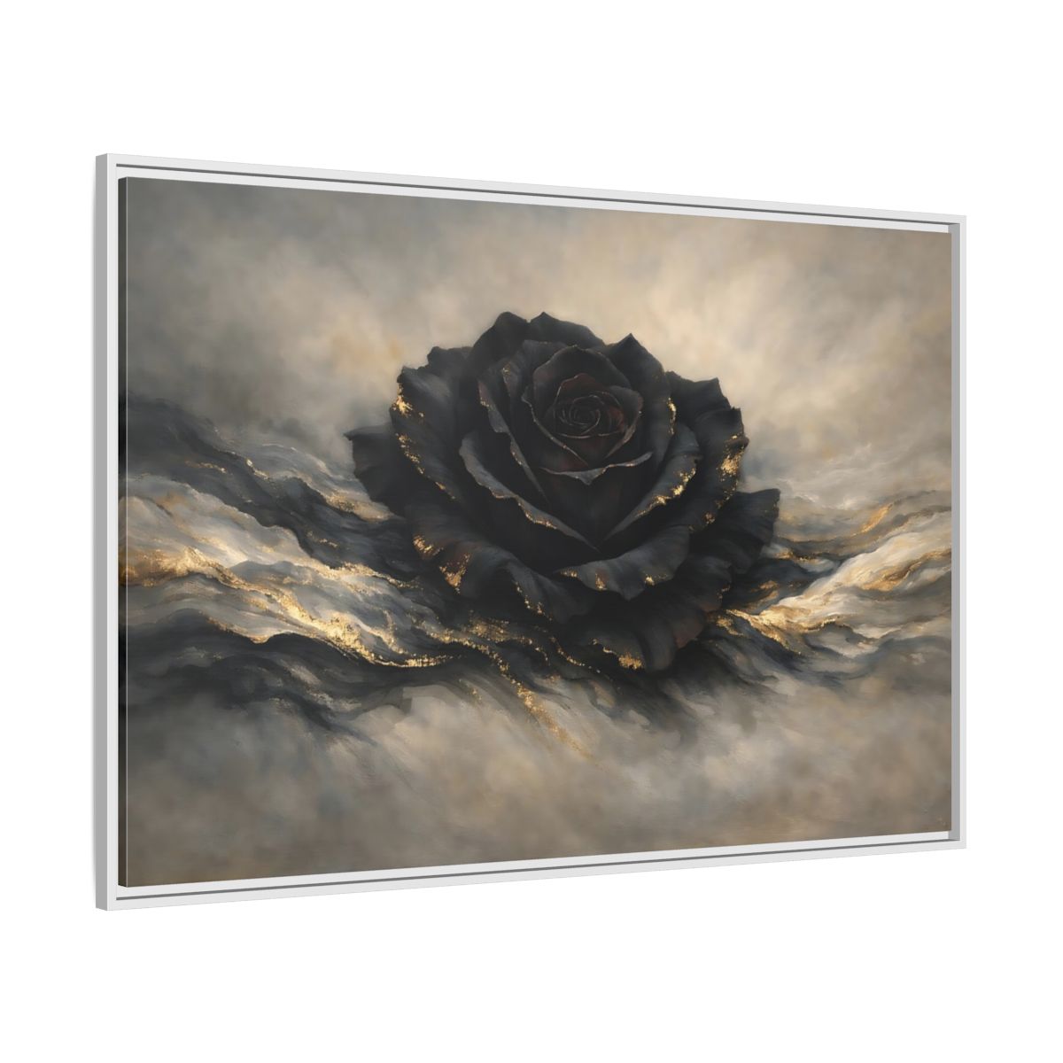 Side Mockup 7. Floral Black Rose Black And Gold shown as stretched canvas wall art