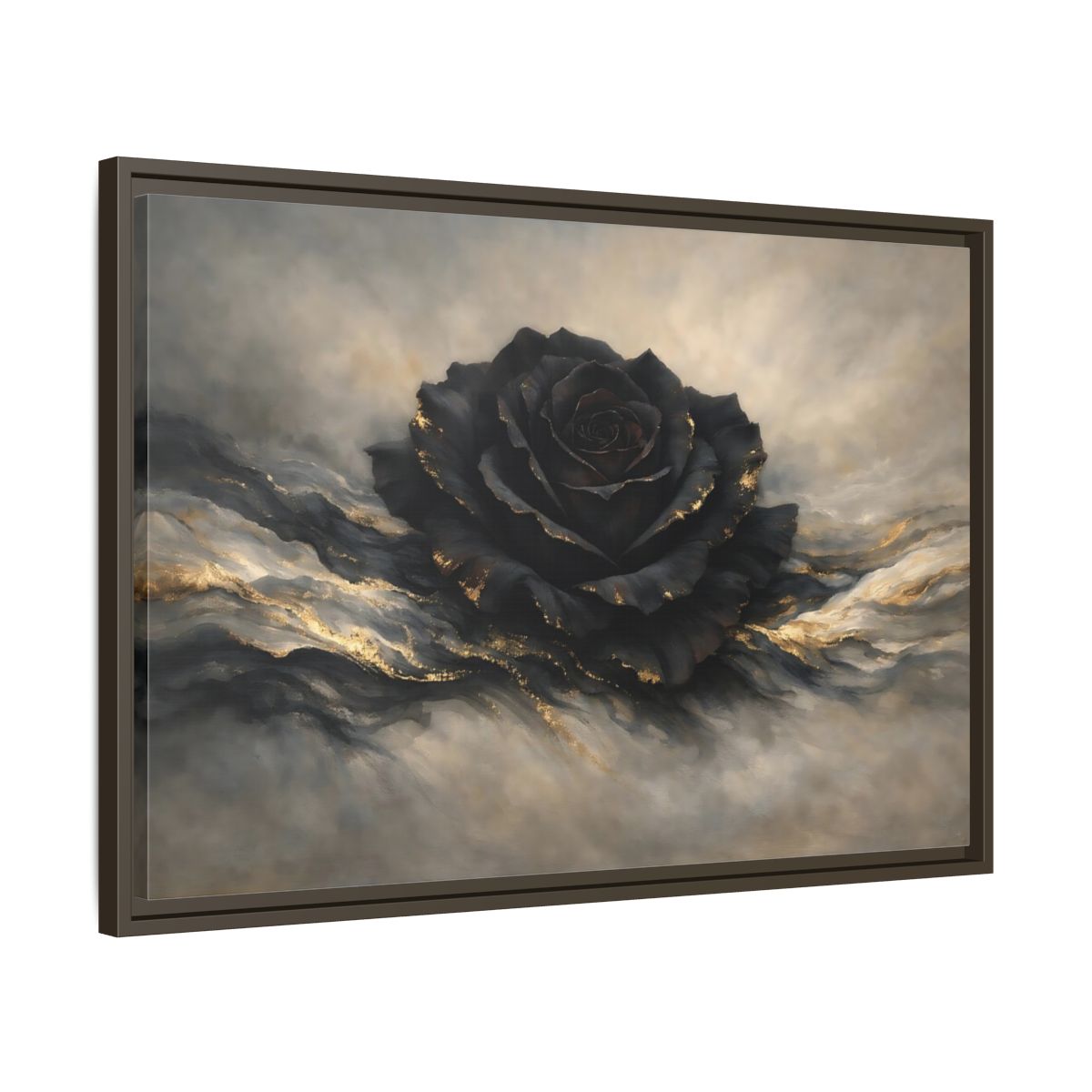 Side Mockup 11. Floral Black Rose Black And Gold shown as stretched canvas wall art