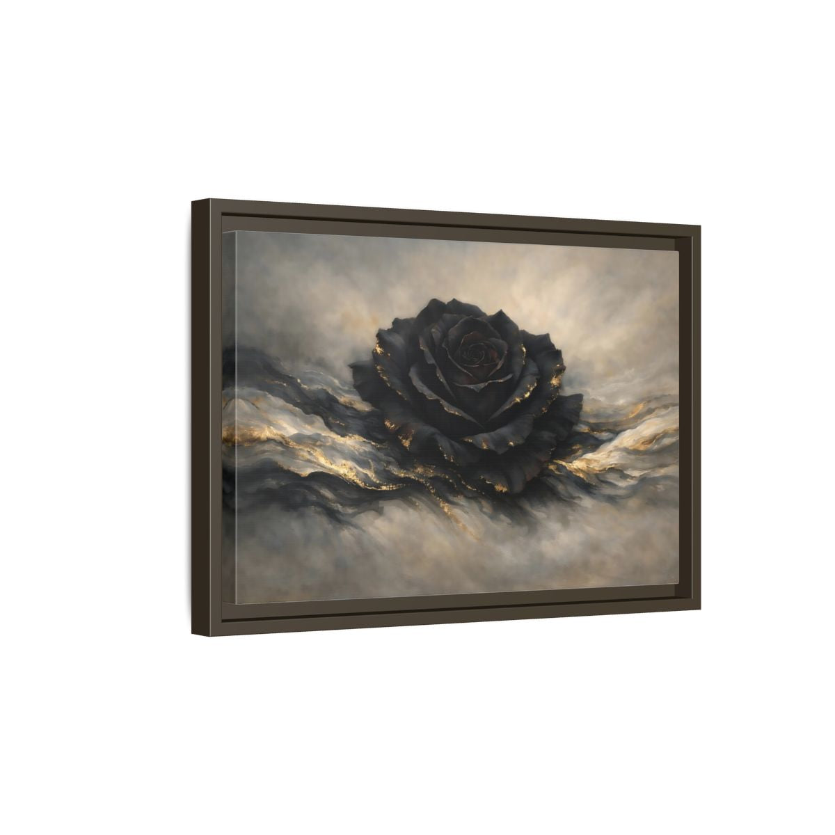 Side Mockup 5. Floral Black Rose Black And Gold shown as stretched canvas wall art